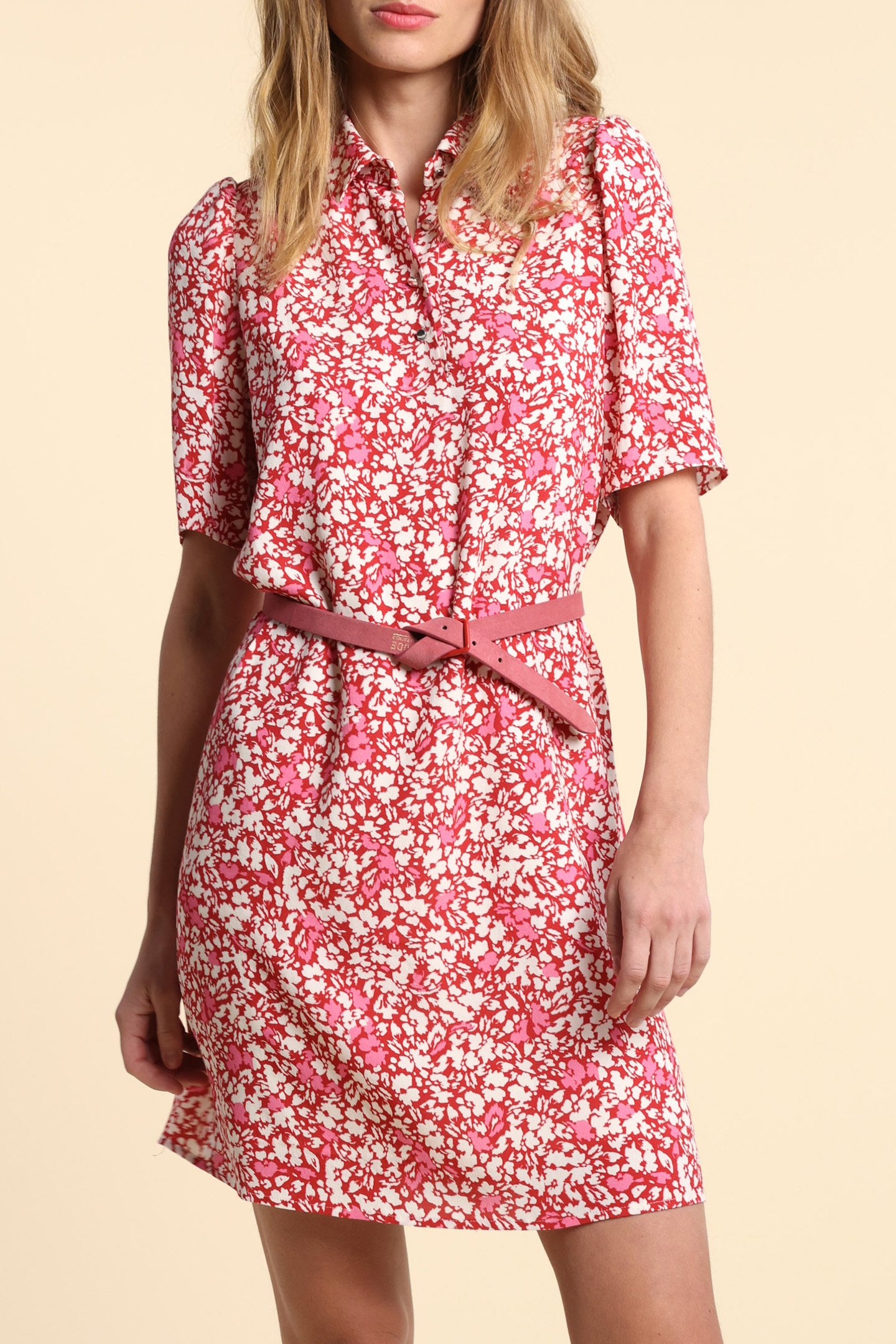 RED SHIRT DRESS WITH FLORAL TACHIST PRINT 1