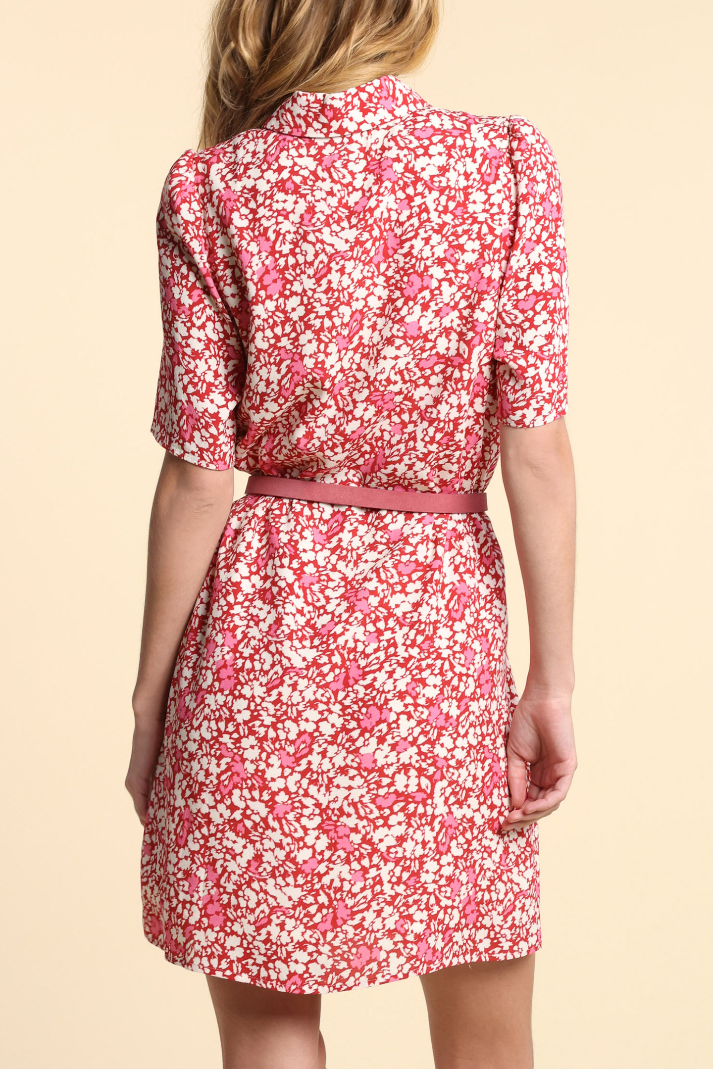 RED SHIRT DRESS WITH FLORAL TACHIST PRINT 2