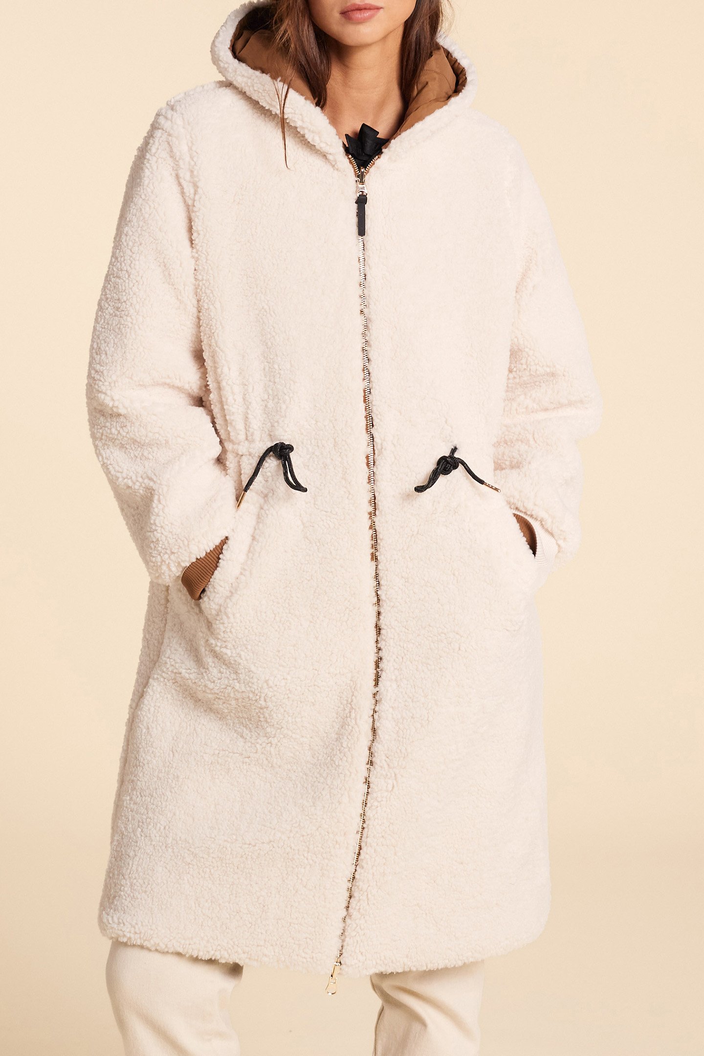ECRU SHERPA AND CAMEL NYLON REVERSIBLE PARKA by ICODE