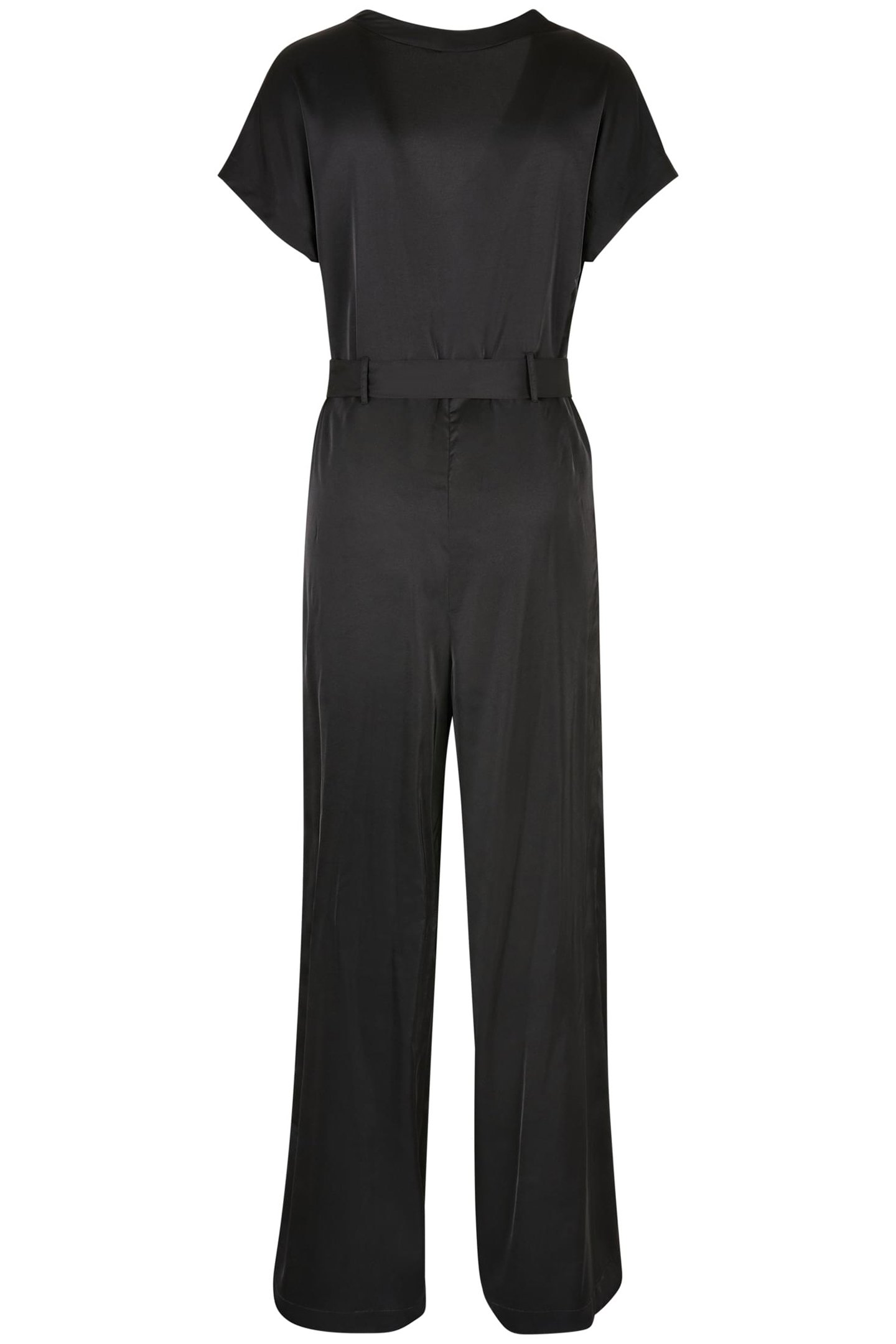 LADIES SATIN WIDE LEG BELT JUMPSUIT BLACK 2