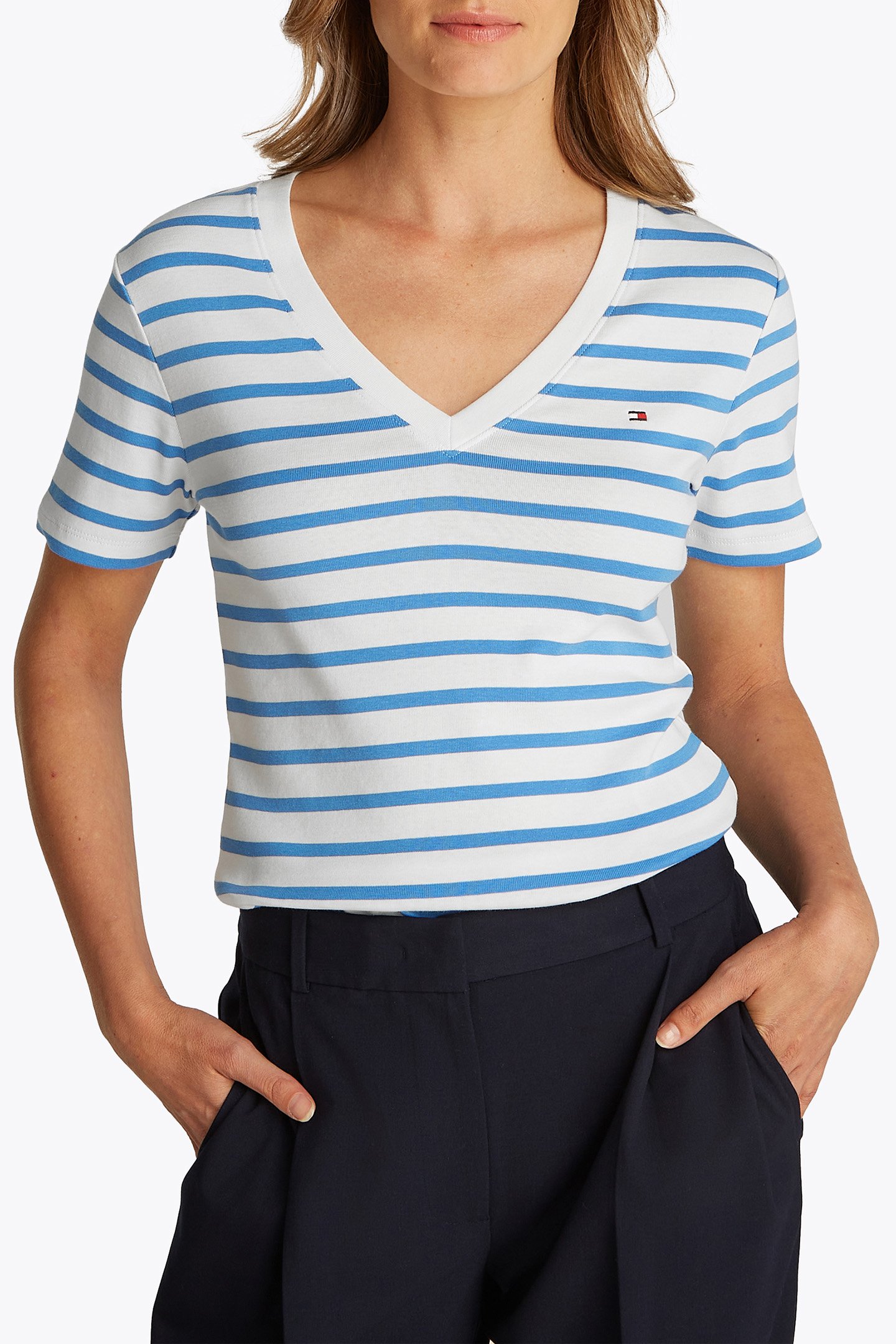 SLIM CODY V-NK SS ECRU/ BLUE SPELL STP by Tommy Hilfiger