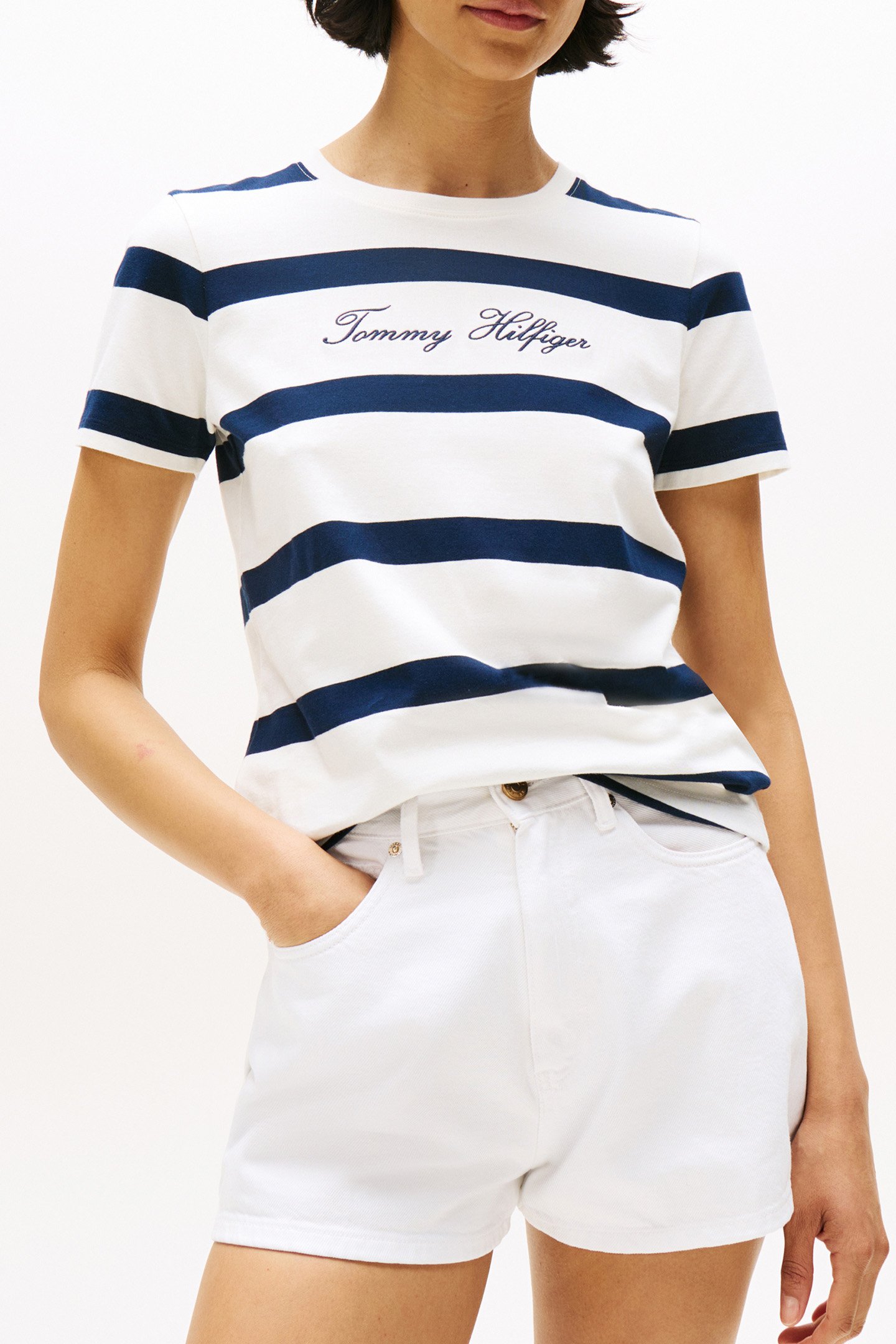 SCRIPT REG C-NK SS T-SHIRT WIDE STP IVORY SILK/DARK NIGHT by Tommy Hilfiger