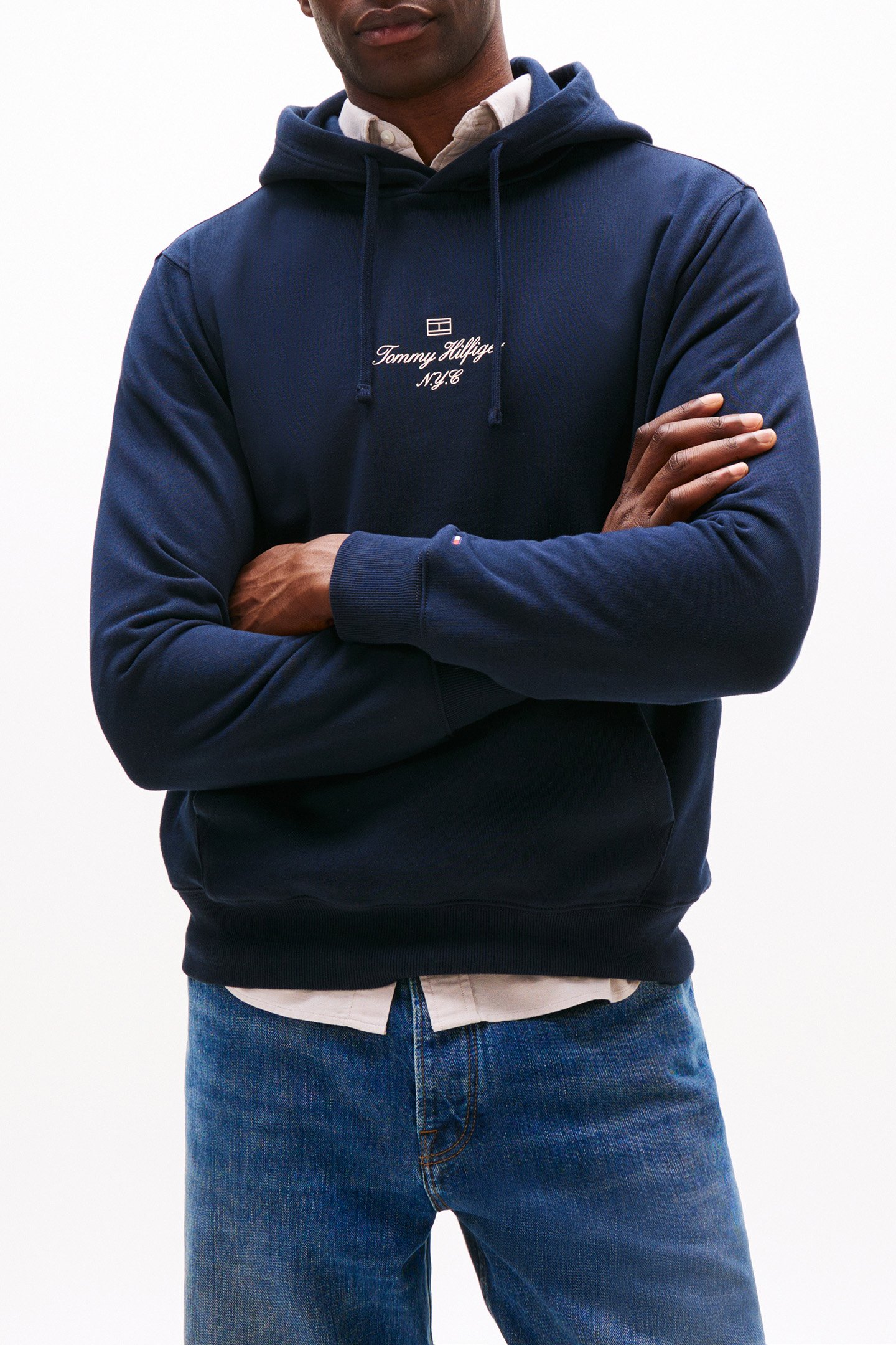 OUTLINE FLAG SCRIPT LARGE FIT HOODIE BLUE 1