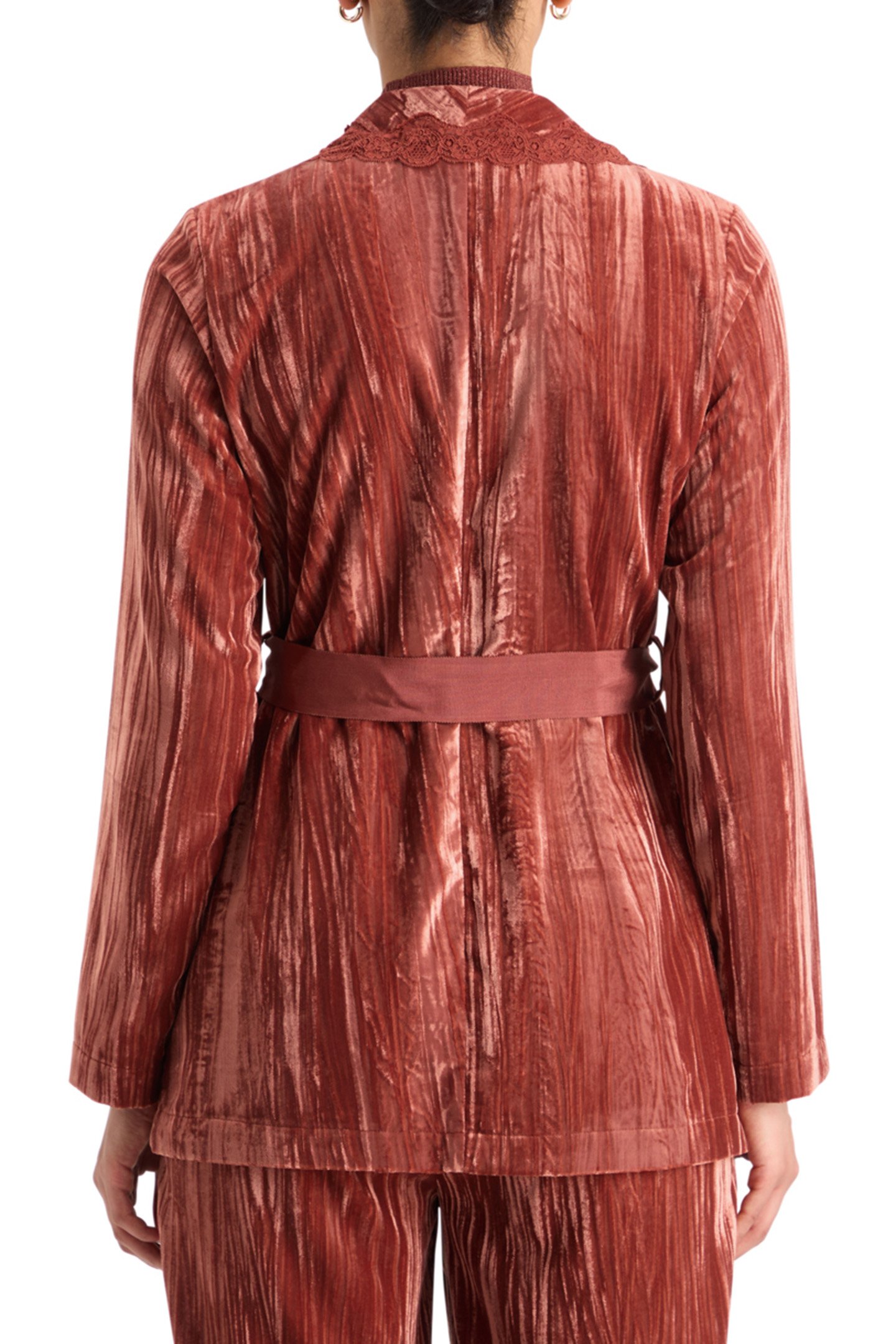 LACE TRIMMED VELVET PYJAMA BLAZER RUST 2