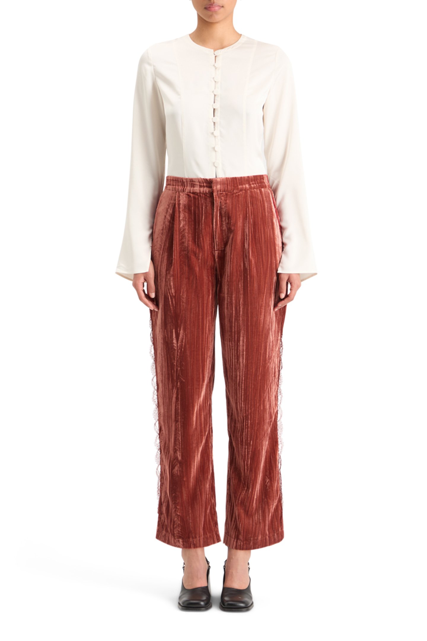 LACE TRIMMED VELVET PANT RUST 3