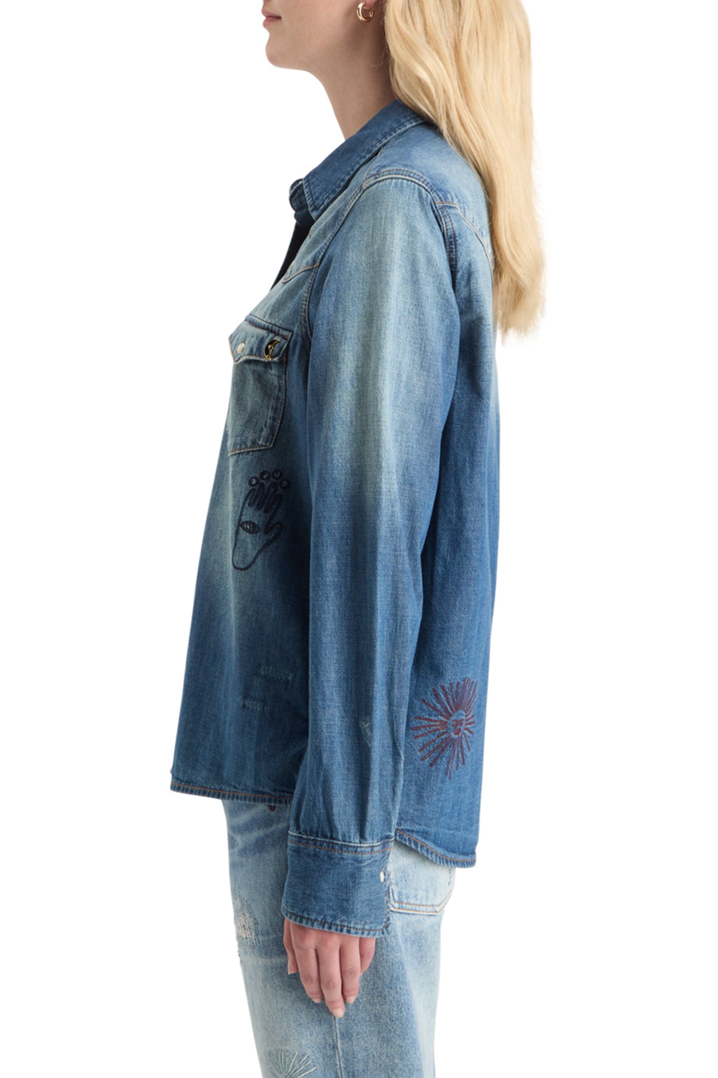 WASHED REGULAR FIT DENIM WESTERN SHIRT WITH EMBROIDERIES WAS 7