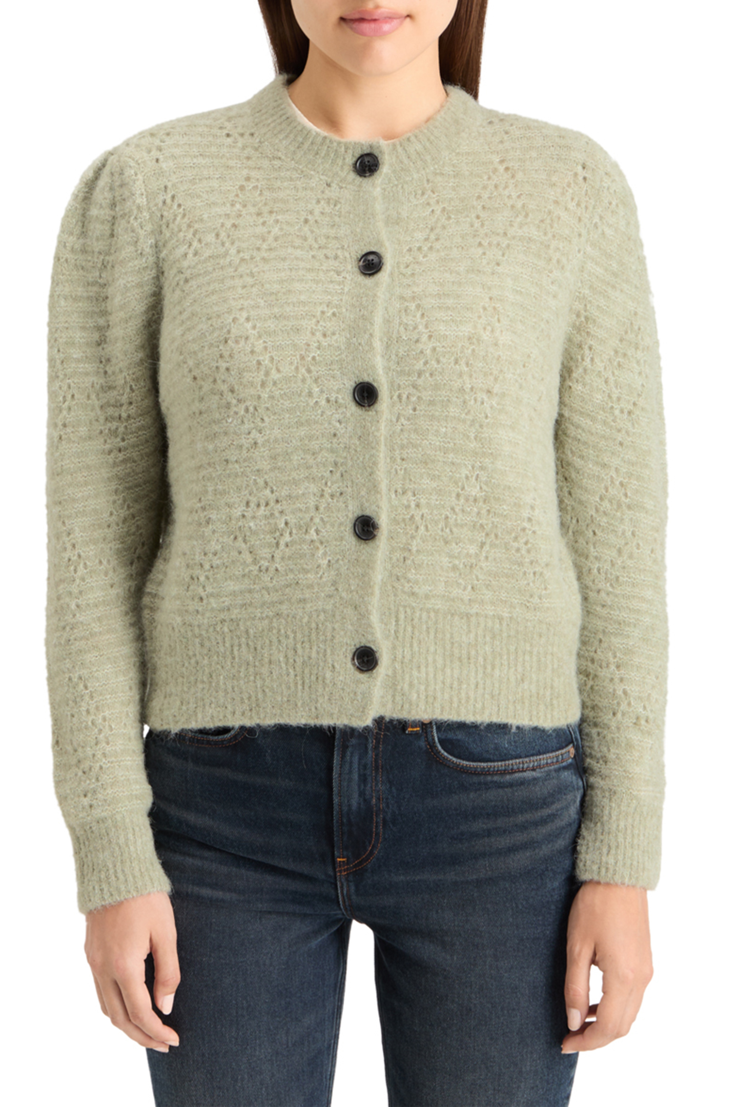 BOUCLE CREW NECK CARDIGAN WASHED SAGE MELANGE 1