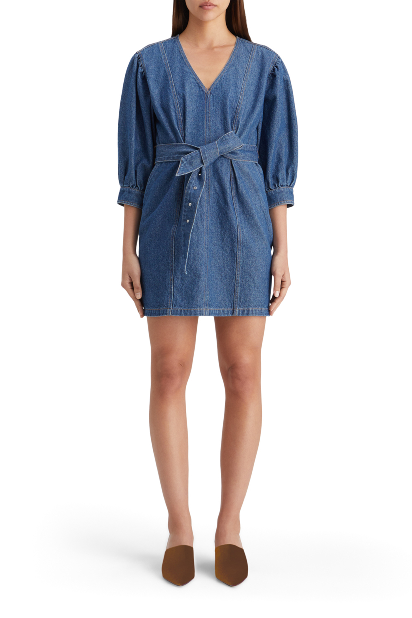 BELTED V - NECK WASHED DENIM DRESS WASHED INDIGO 1