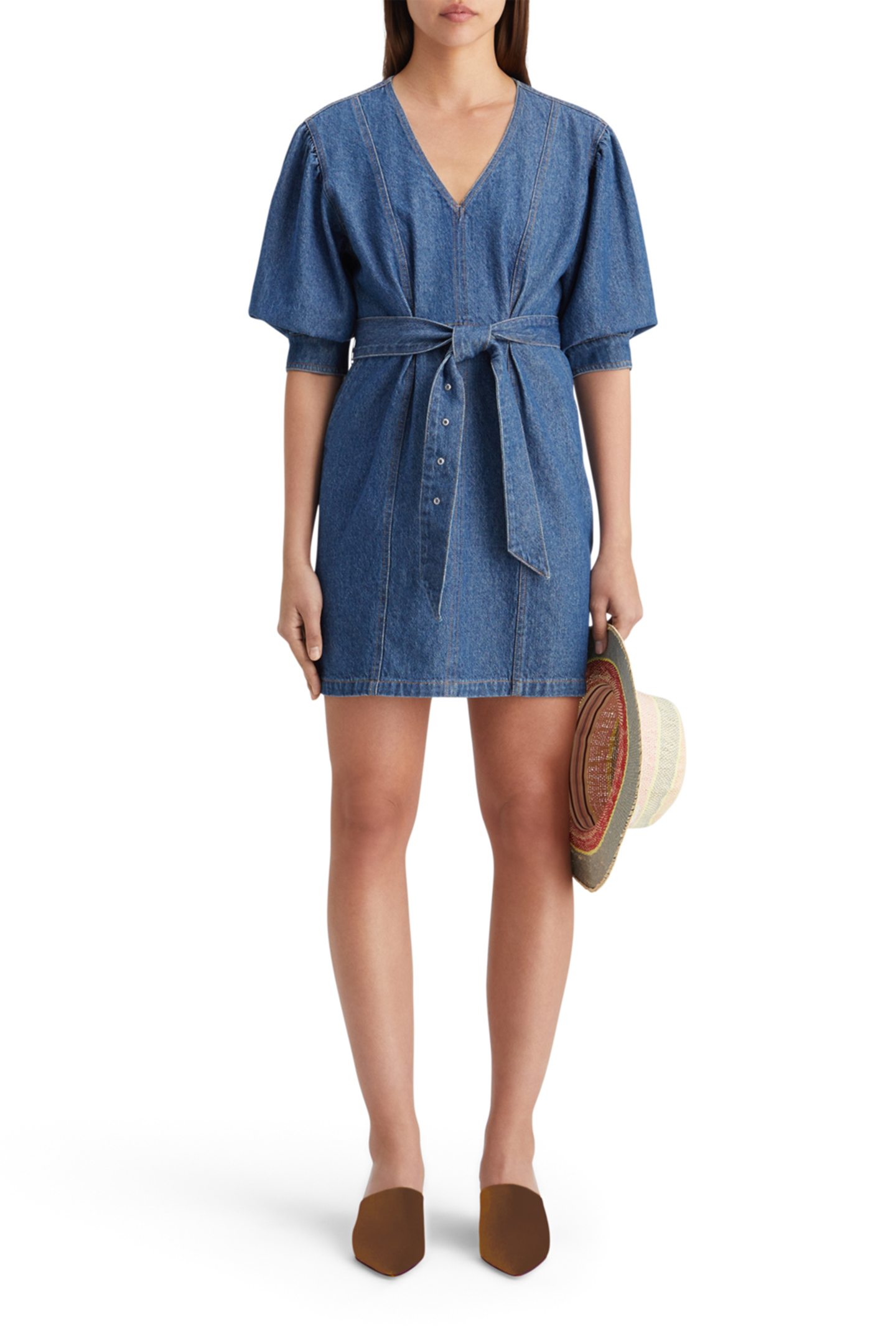 BELTED V - NECK WASHED DENIM DRESS WASHED INDIGO 6