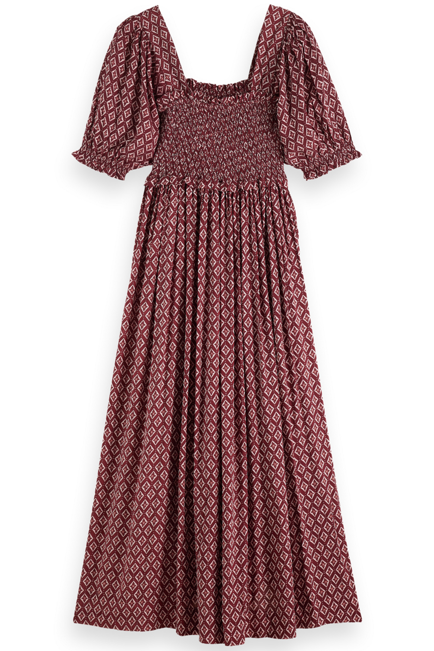 MAXI DRESS WITH SMOCK GEO FLOWER BORDEAUX 3