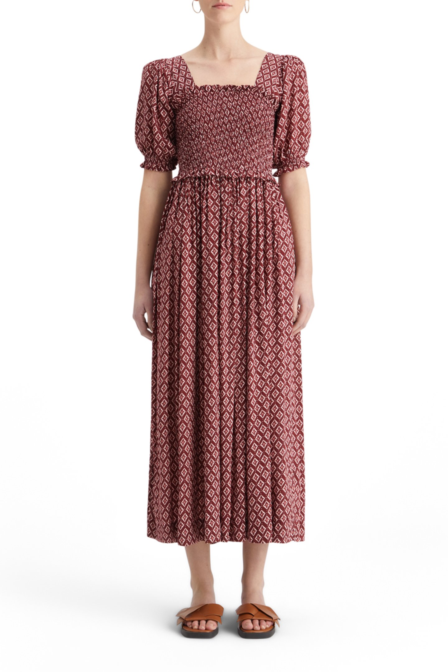 MAXI DRESS WITH SMOCK GEO FLOWER BORDEAUX 1