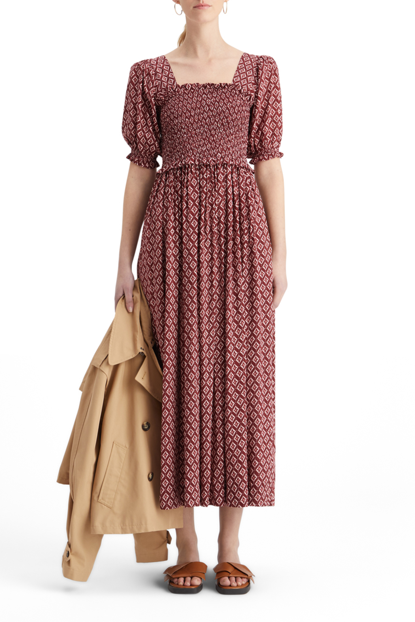 MAXI DRESS WITH SMOCK GEO FLOWER BORDEAUX 5