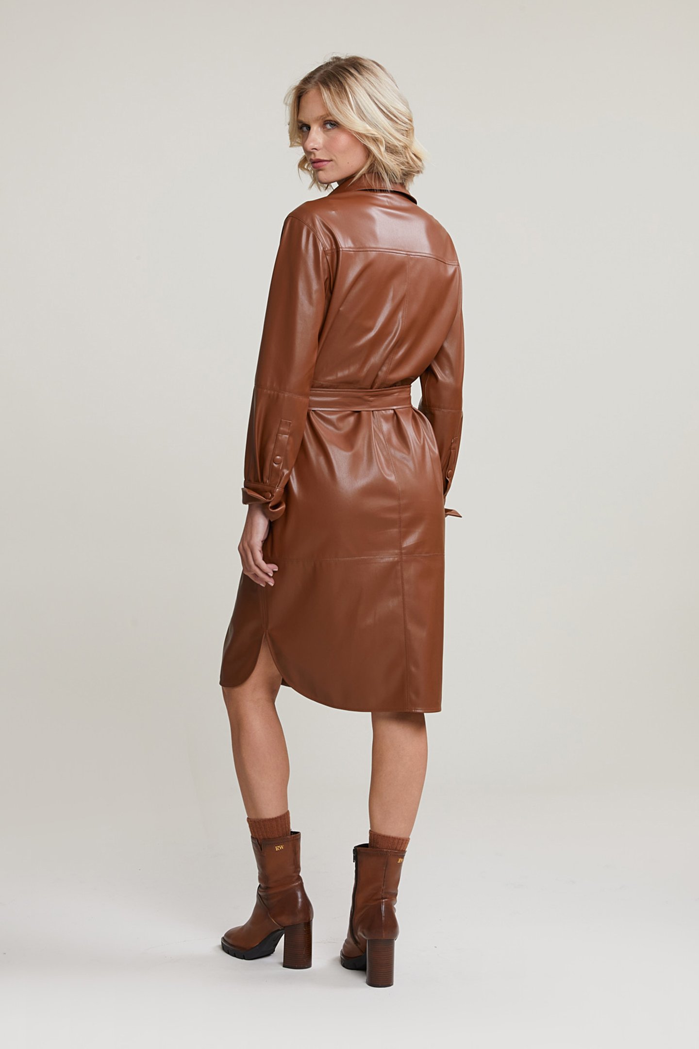 BROWN VEGAN LEATHER BELTED DRESS 2