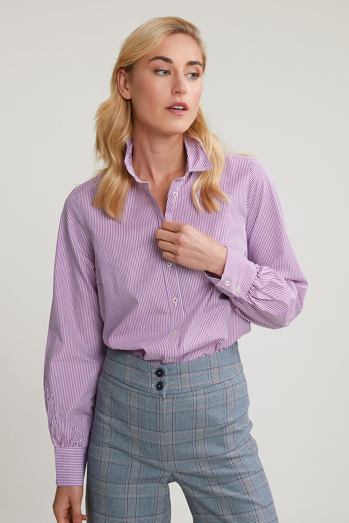 PURPLE/WHITE STRIPED BLOUSE BALLOON SLEEVES 1