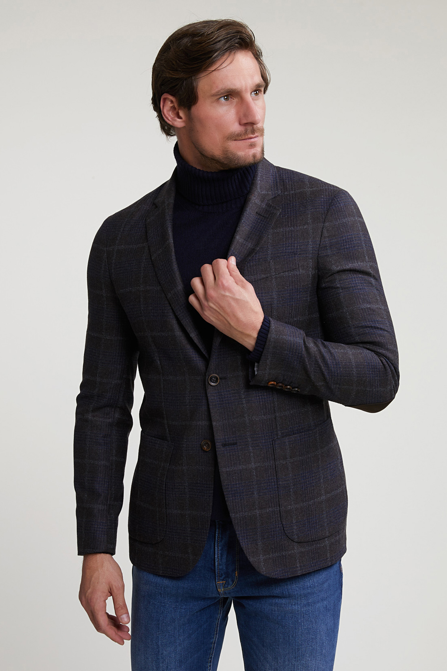 CHECKED VIRGIN WOOL-CASHMERE BLAZER BROWN/BLUE 1
