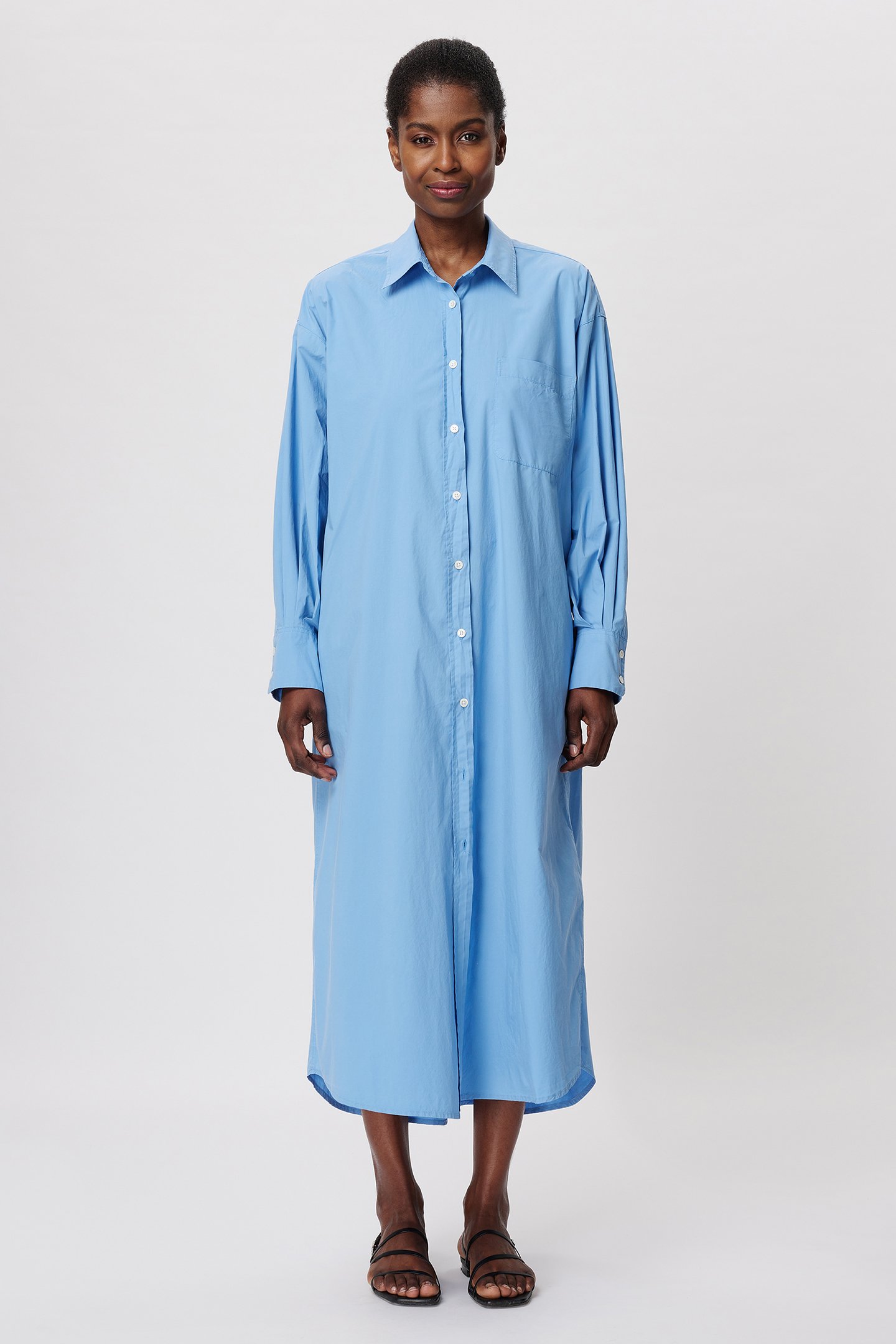 COTTON POPLIN LONG SHIRT DRESS SKY BLUE by Zenggi