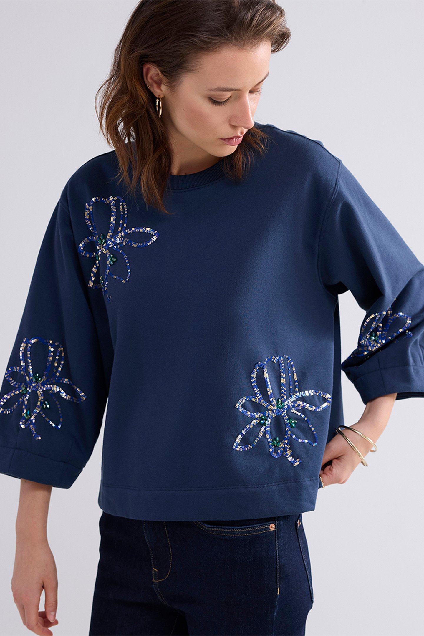 3/4 SLEEVE SWEATSHIRT EMBELLISHED SWEAT MIDNIGHT BLUE 4