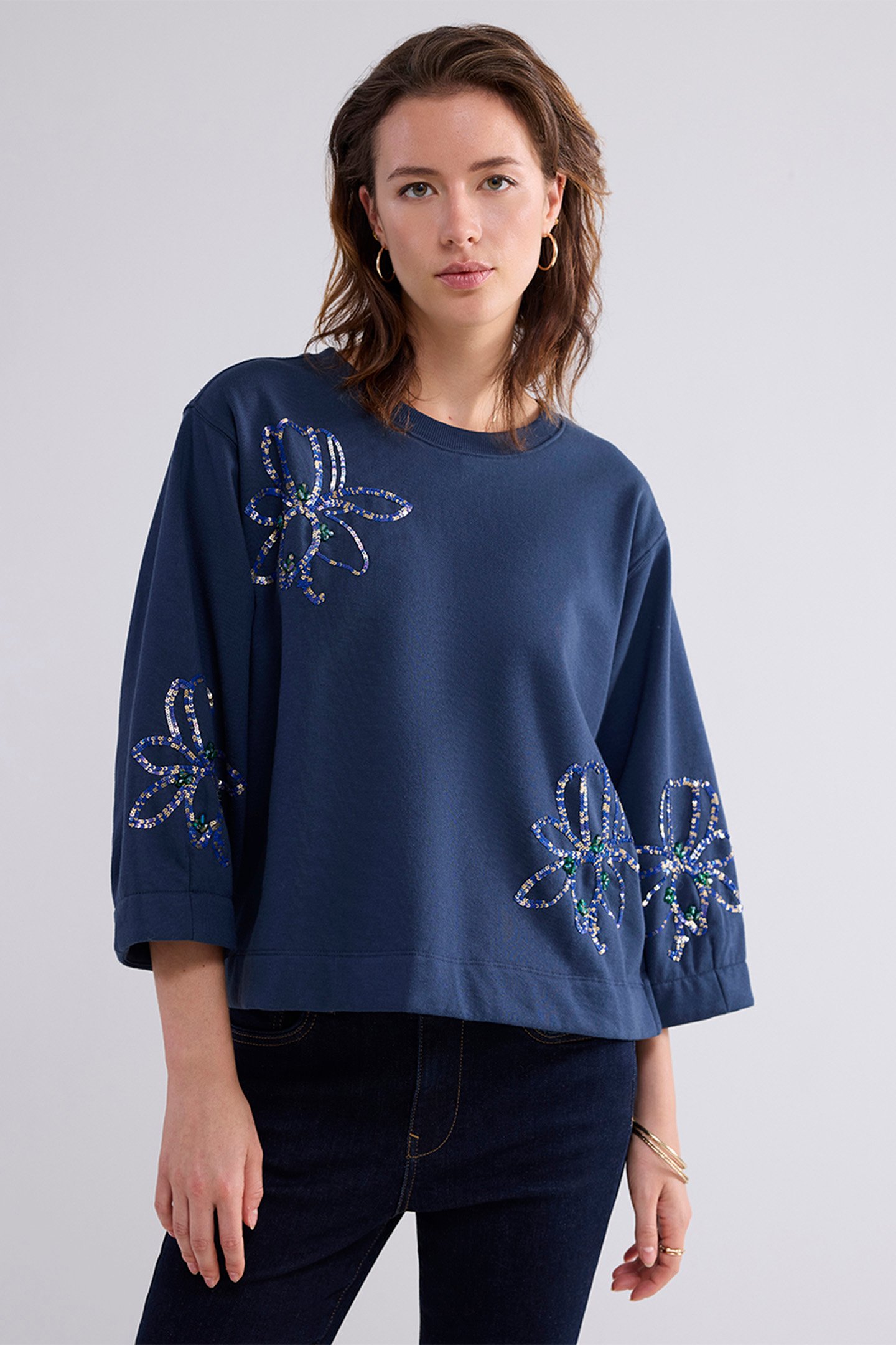 3/4 SLEEVE SWEATSHIRT EMBELLISHED SWEAT MIDNIGHT BLUE 1
