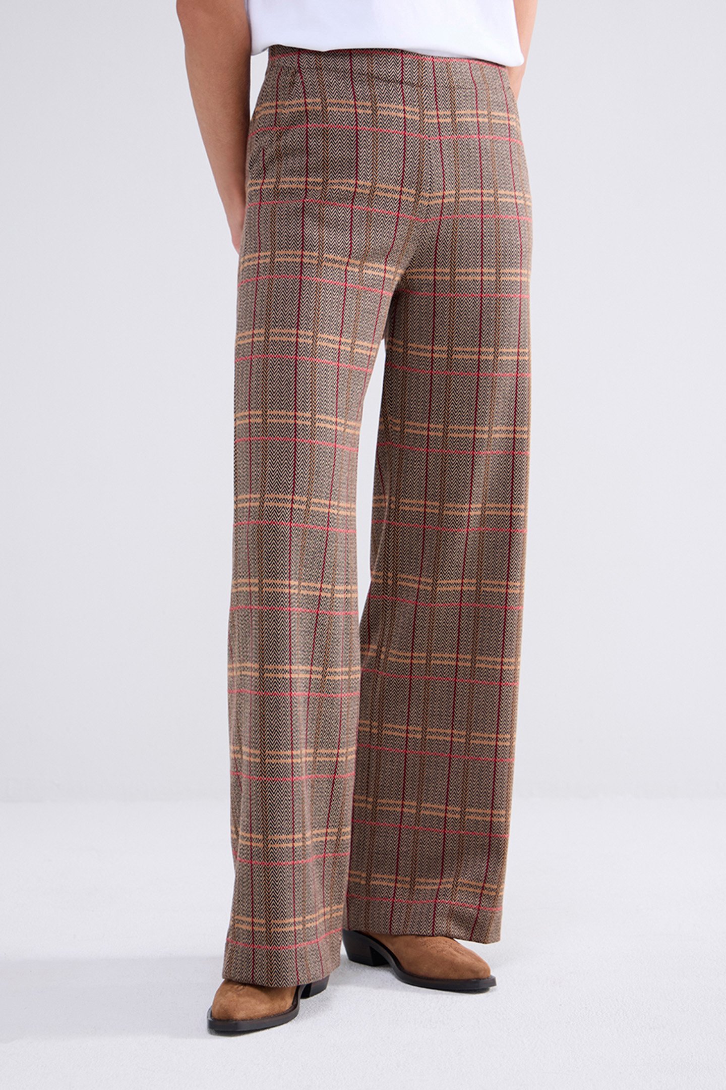 WIDE LEG PANTS CHECK JACQUARD CARAMEL COFFEE by Summum Woman