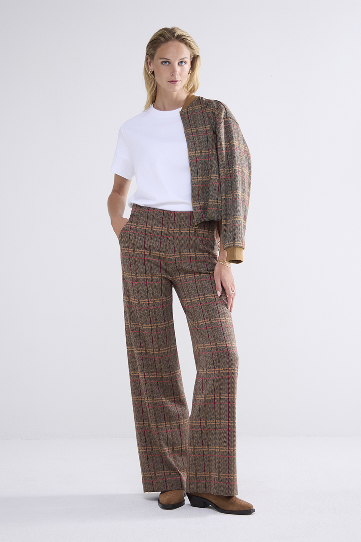WIDE LEG PANTS CHECK JACQUARD CARAMEL COFFEE 2
