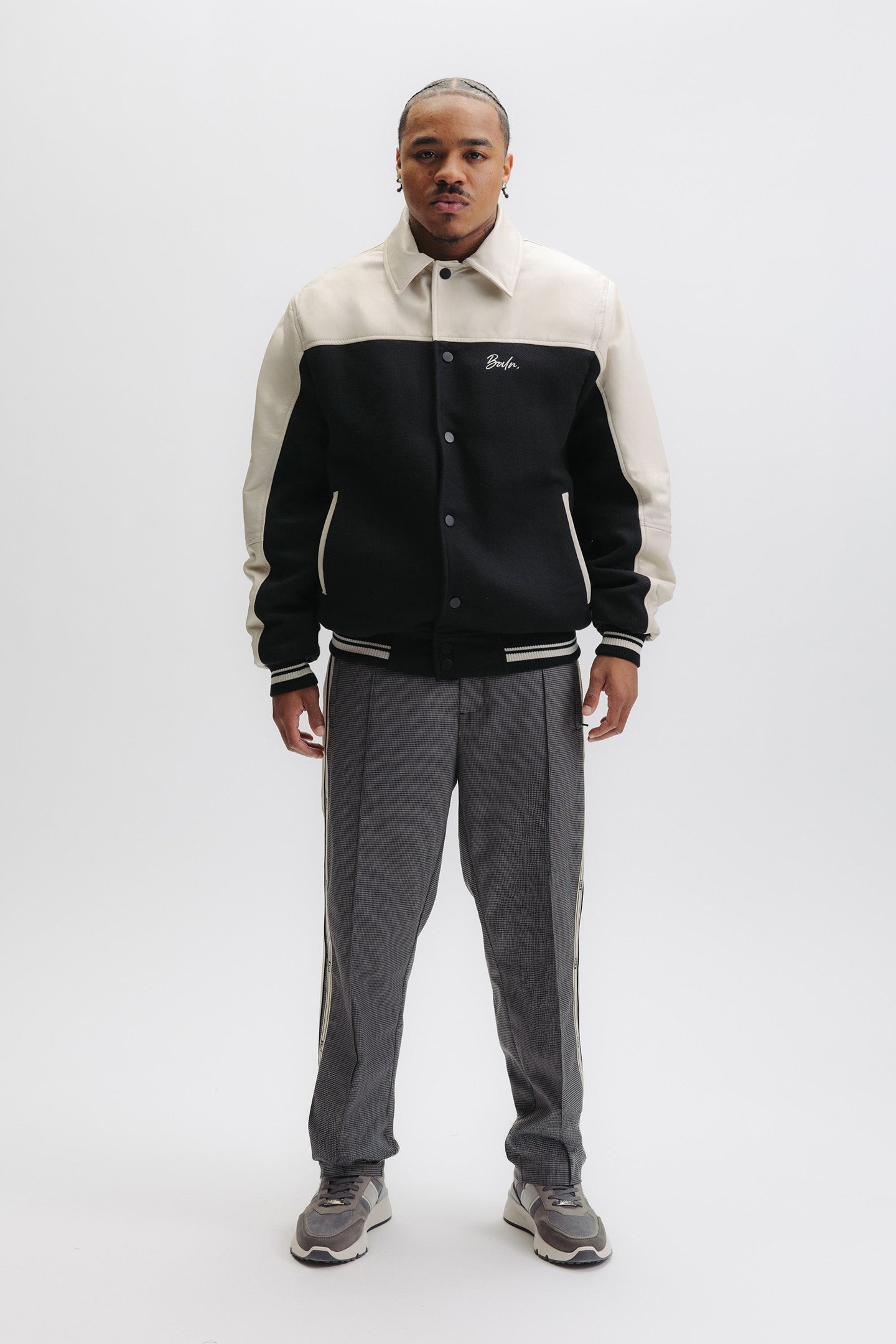 PHIL LEATHER BOMBER JACKET EGRET/JET BLACK 1