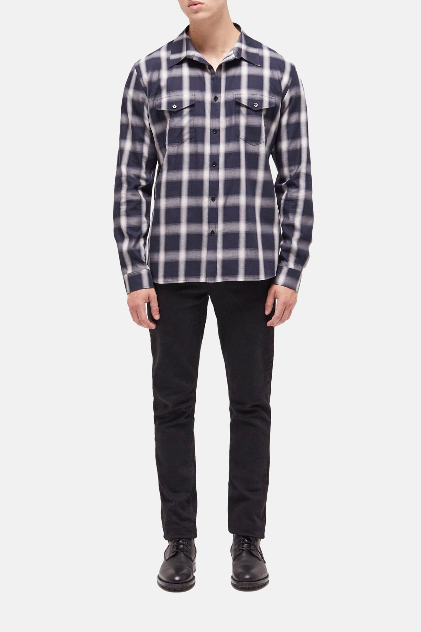 LONG SLEEVE SHIRT WITH CHECKED POCKETS NAVY ECRU 1