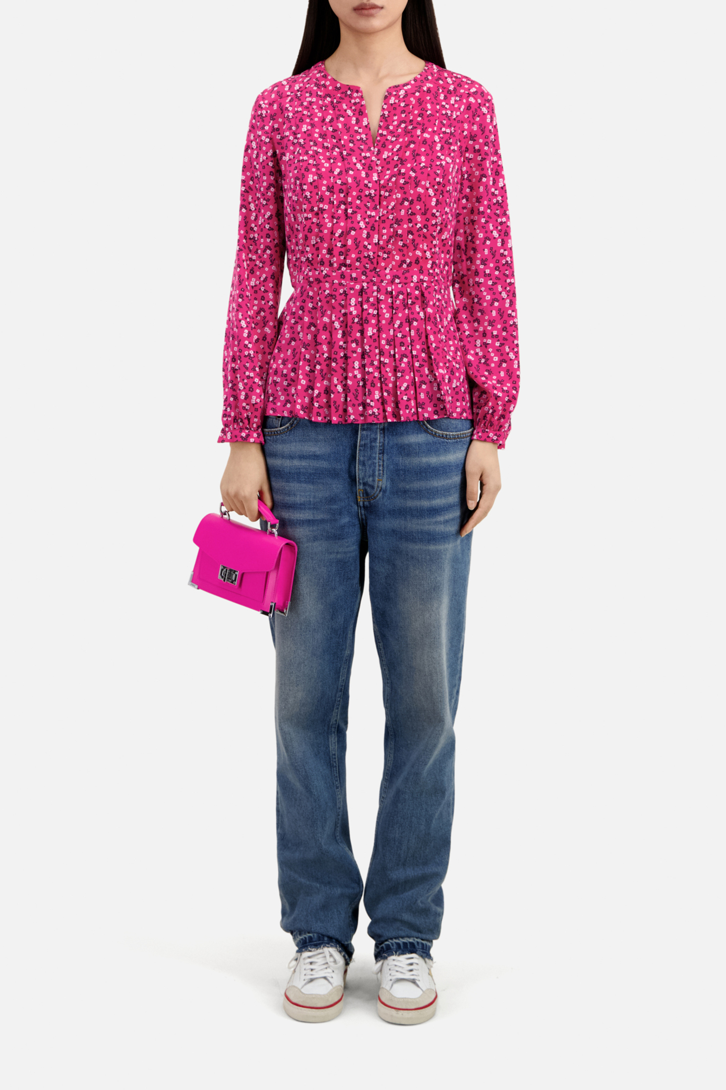 LONG SLEEVE TOP WITH PLEATED DETAIL PINK BLACK 2