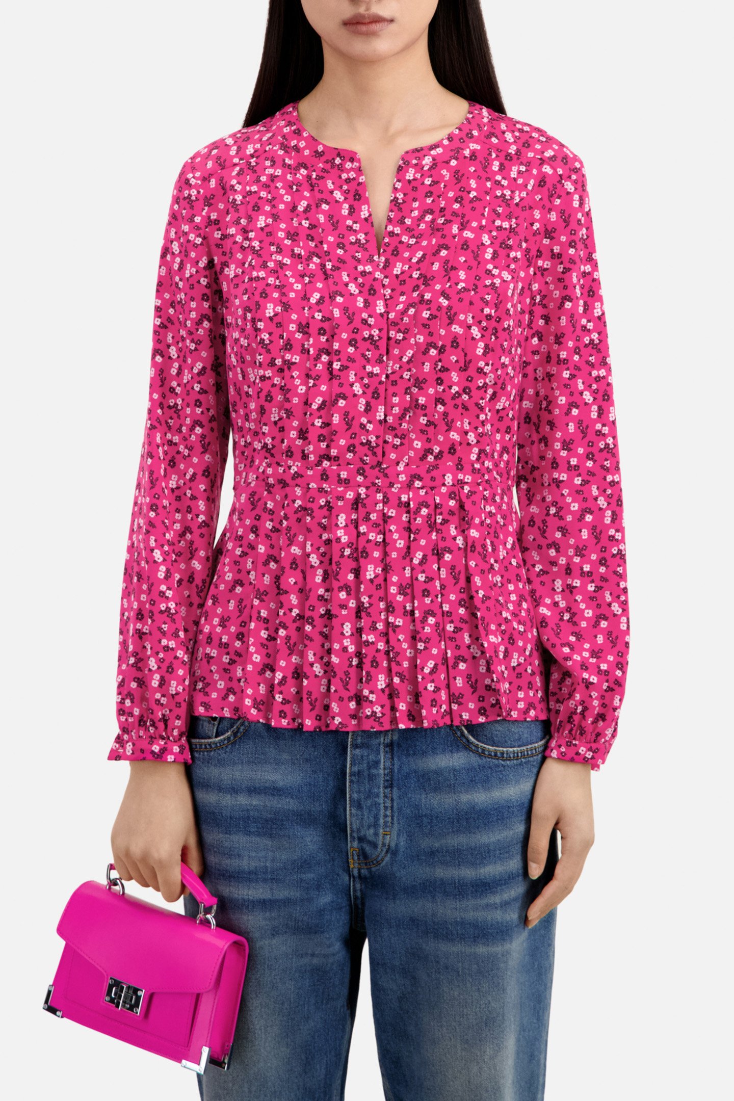 LONG SLEEVE TOP WITH PLEATED DETAIL PINK BLACK 1