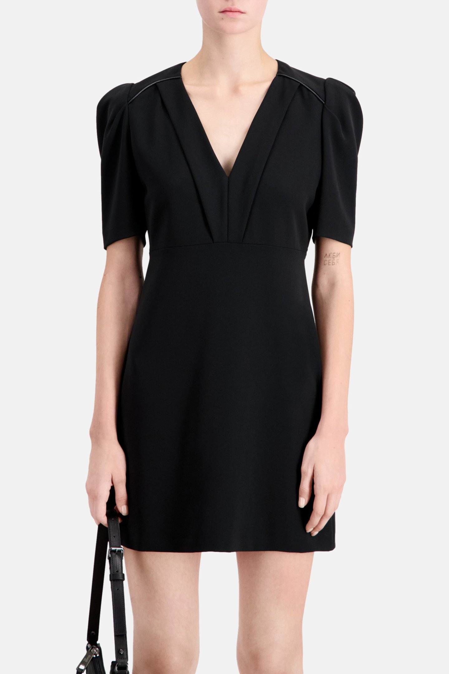 SHORT DRESS WITH LEATHER PIPING BLACK 1