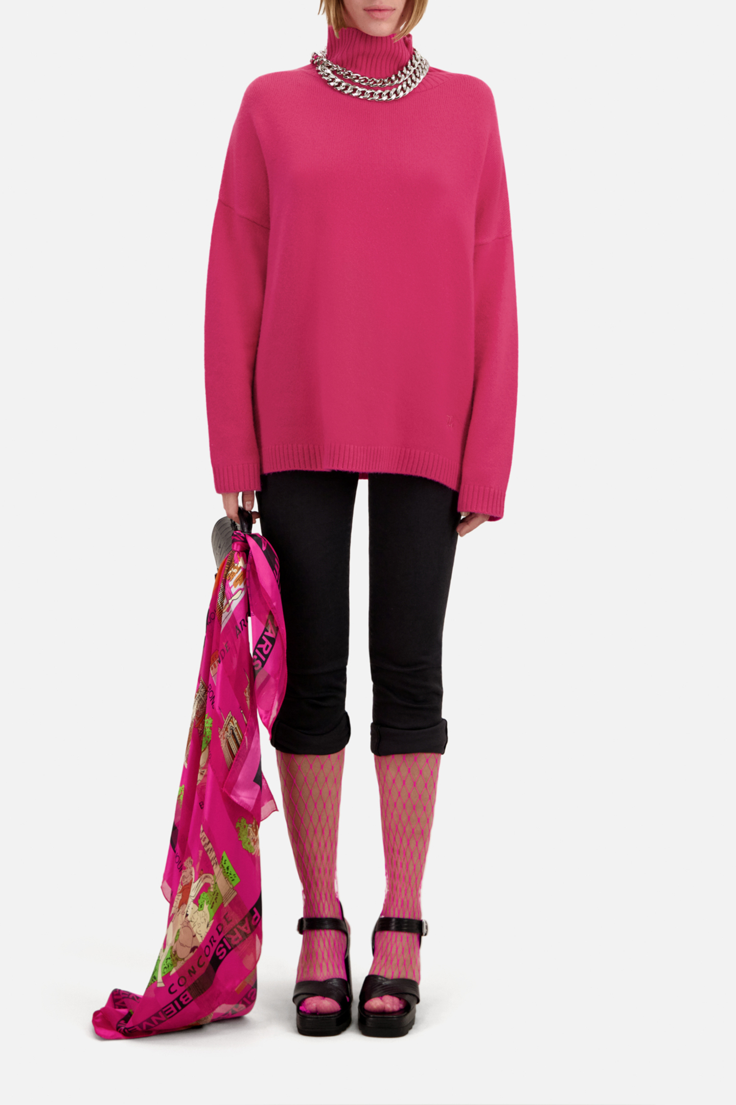 CASHMERE SWEATER WITH FUNNEL NECK AND EMBROIDERY FUSHIA 2