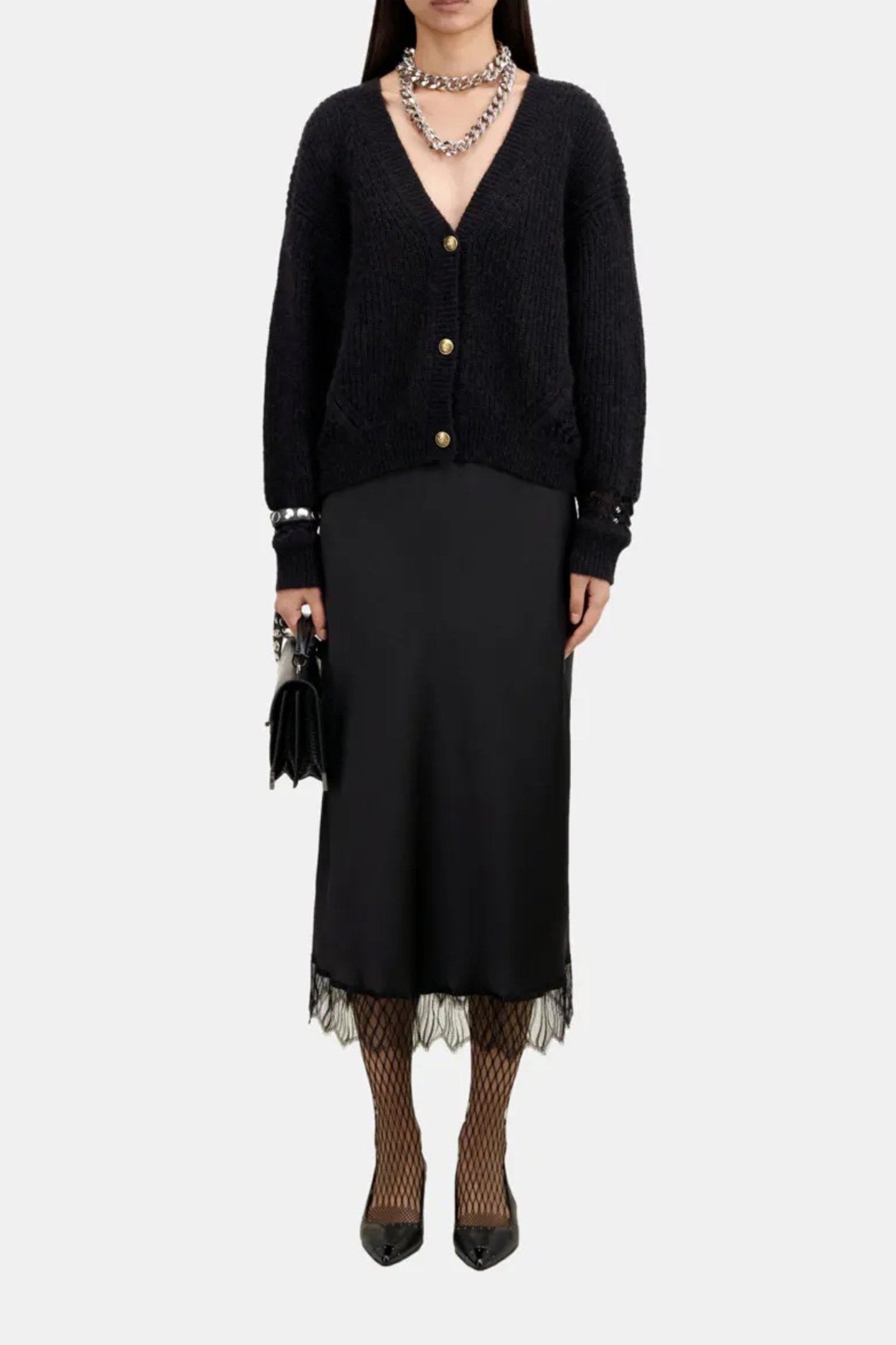 PEARL AND POINTELLE RIB CARDIGAN BLACK 1