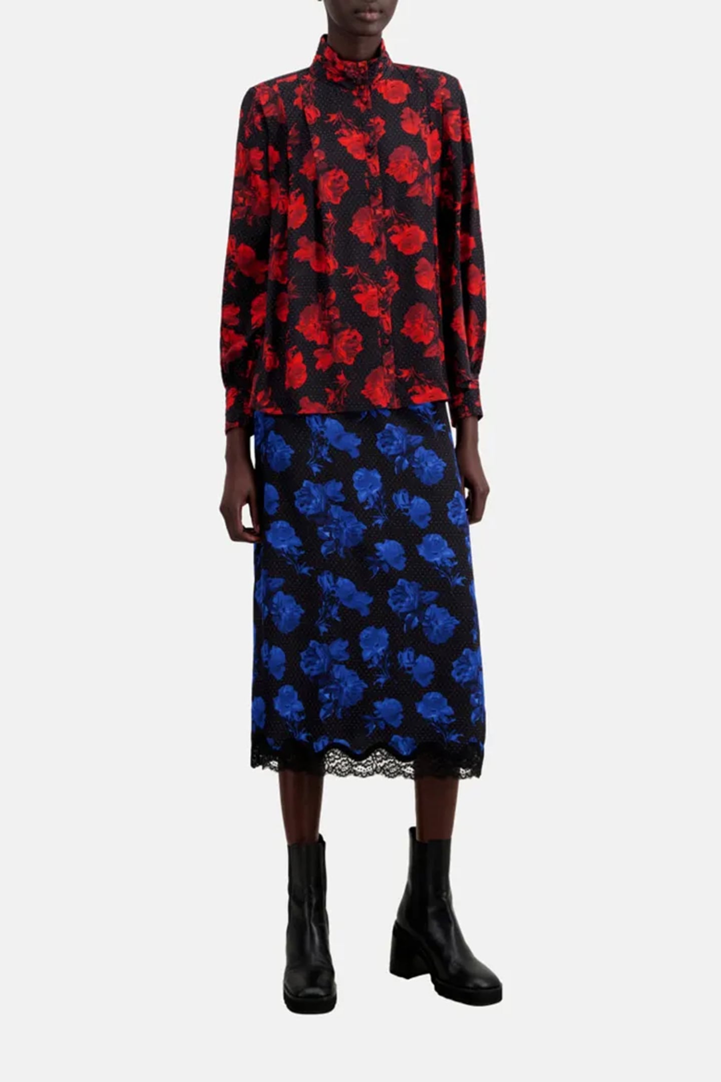 LOOSE SHIRT WITH PLEATED STAND-UP COLLAR BLACK-RED 1