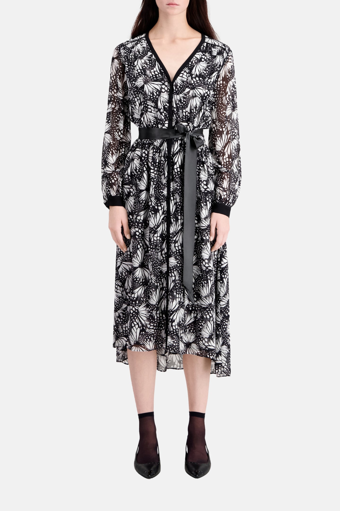 LONG-SLEEVED BUTTON-DOWN DRESS BLACK WHITE 1