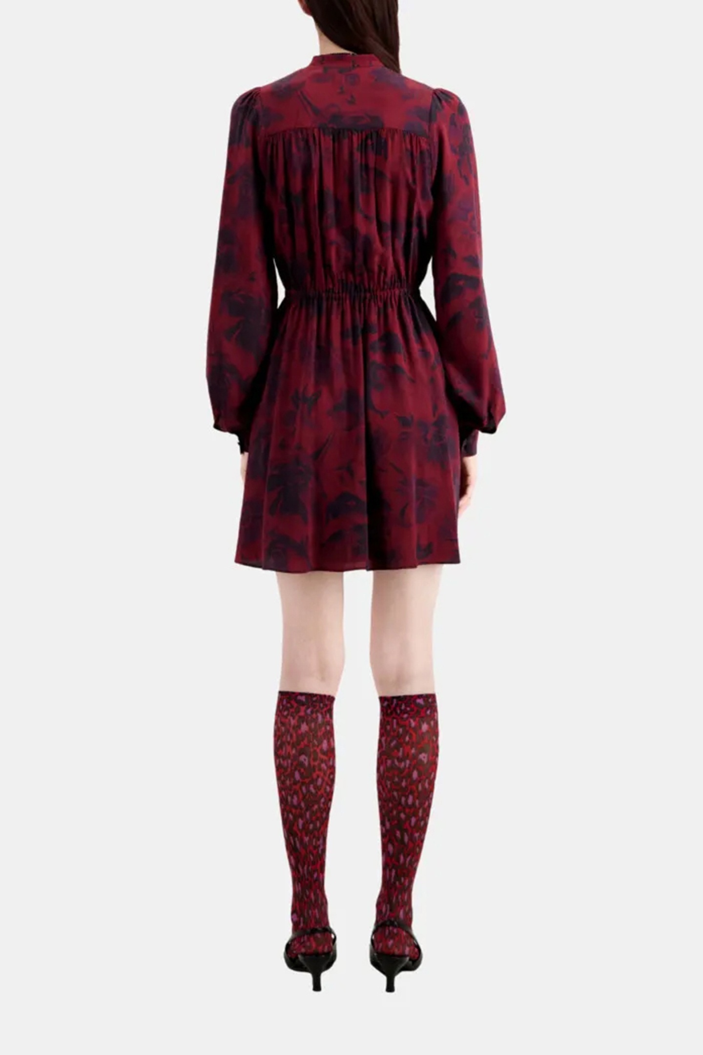 ML SHORT DRESS ELASTICATED WAIST V NECKLINE BLACK-BURGUNDY 3