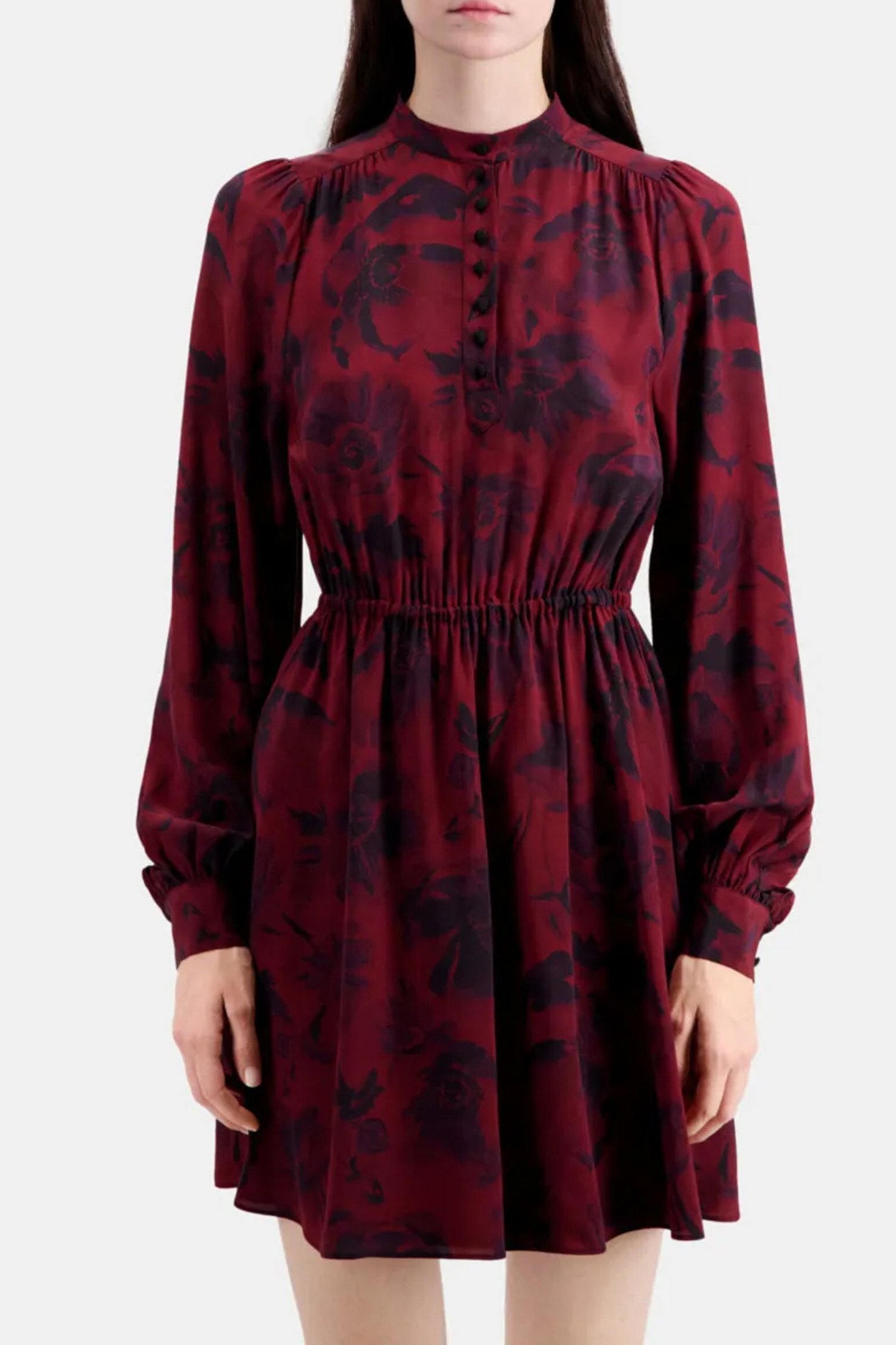 ML SHORT DRESS ELASTICATED WAIST V NECKLINE BLACK-BURGUNDY 1