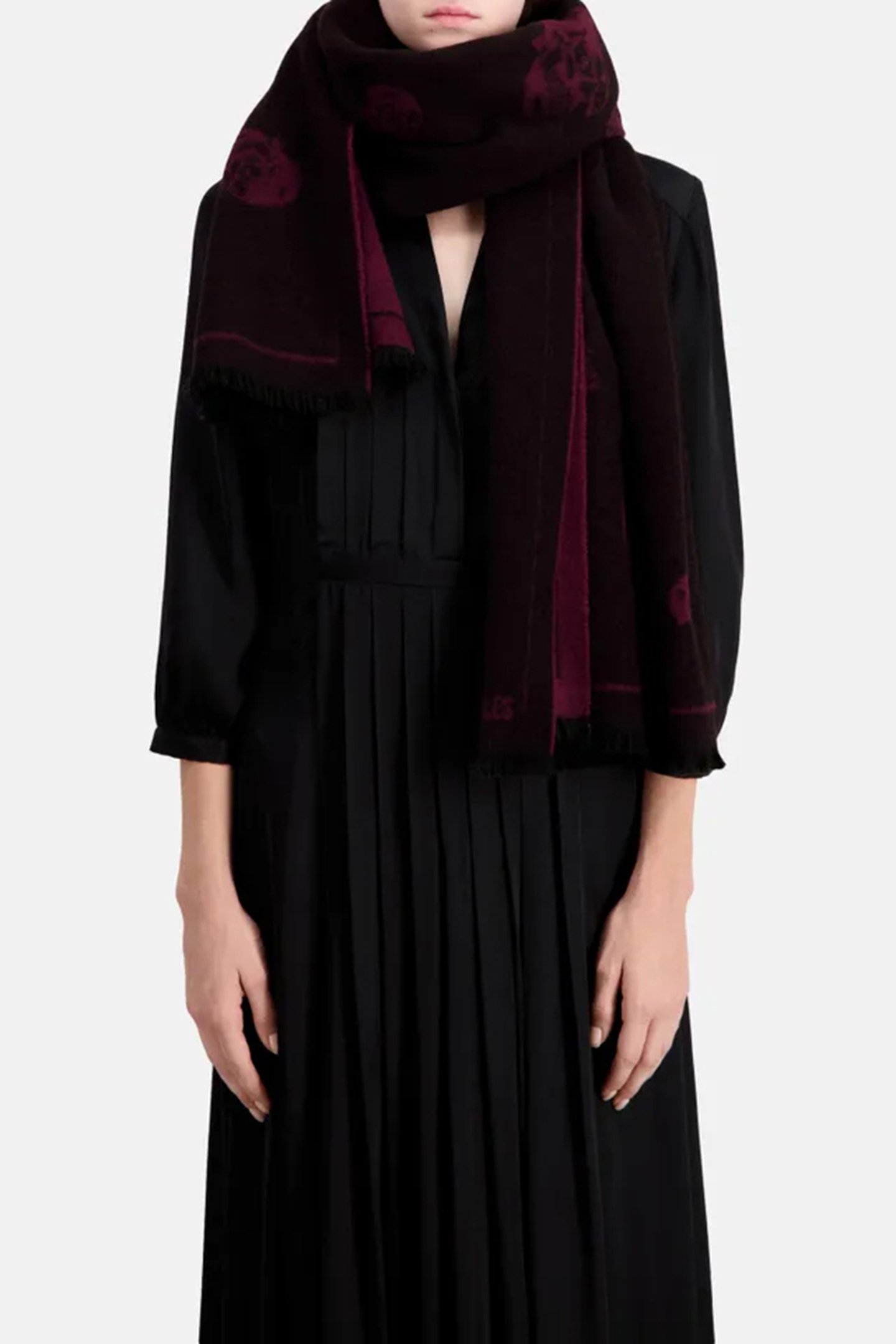 WOOL SCARF WITH SKULL PATTERN BLACK-BORDEAUX 2