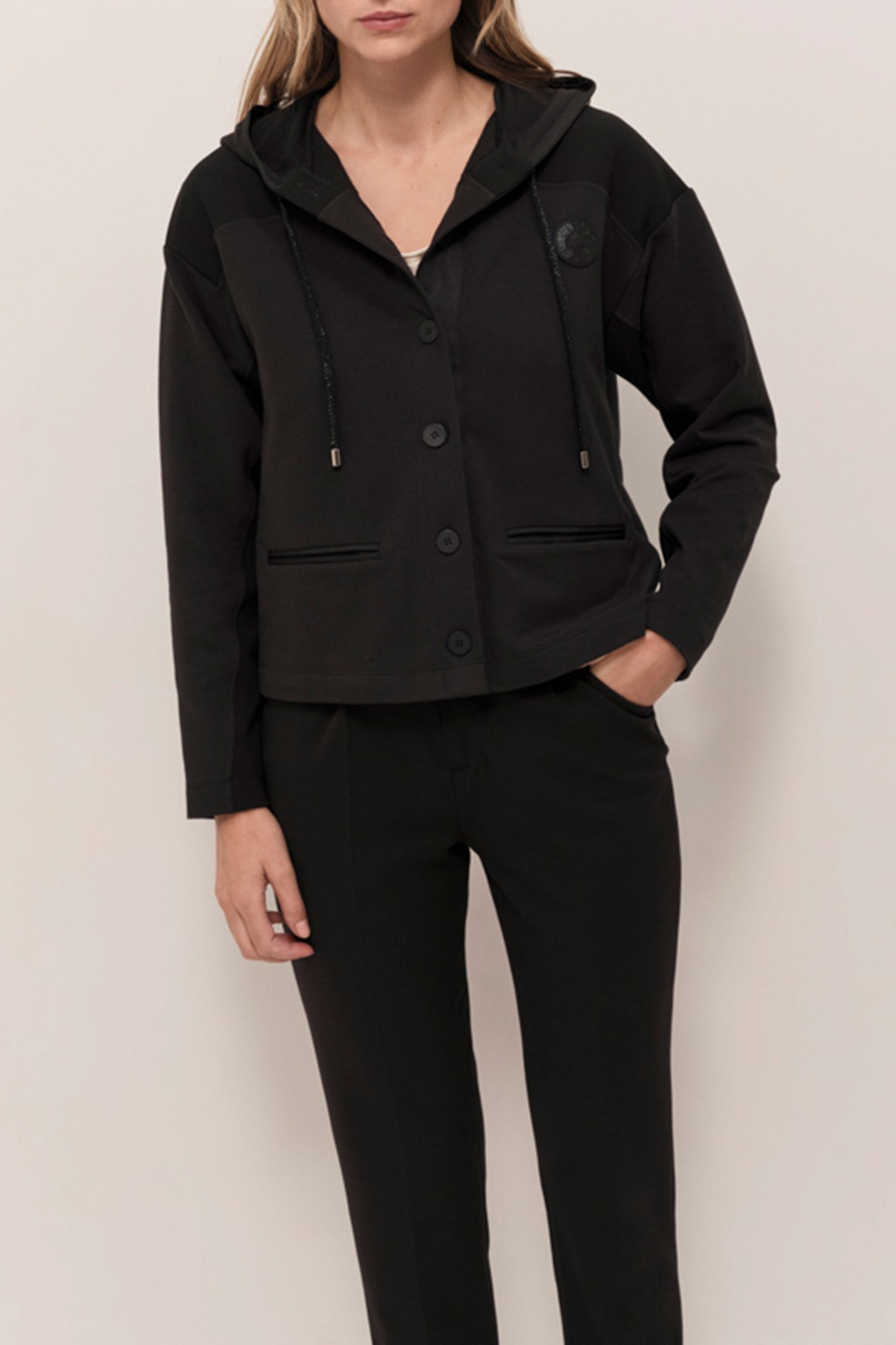 MABOIA  - BLACK ZIP-UP HOODED CARDIGAN IN DUAL-MATERIAL FLEE 1