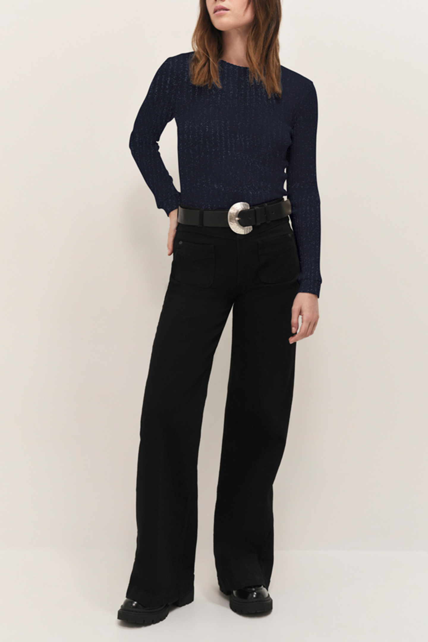 MALENE - NAVY BLUE RIBBED LUREX KNIT LONG-SLEEVED T-SHIRT 3