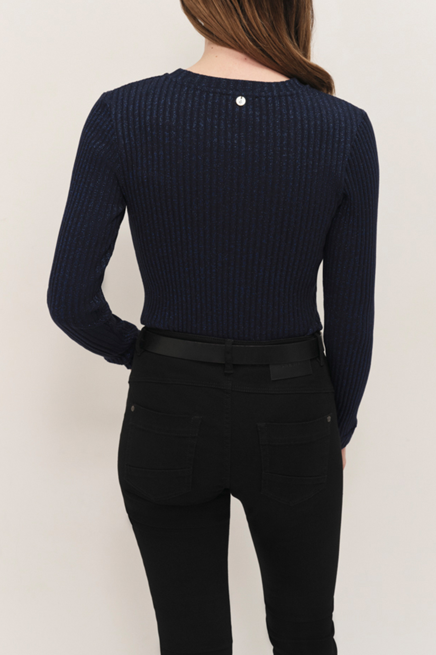 MALENE - NAVY BLUE RIBBED LUREX KNIT LONG-SLEEVED T-SHIRT 2
