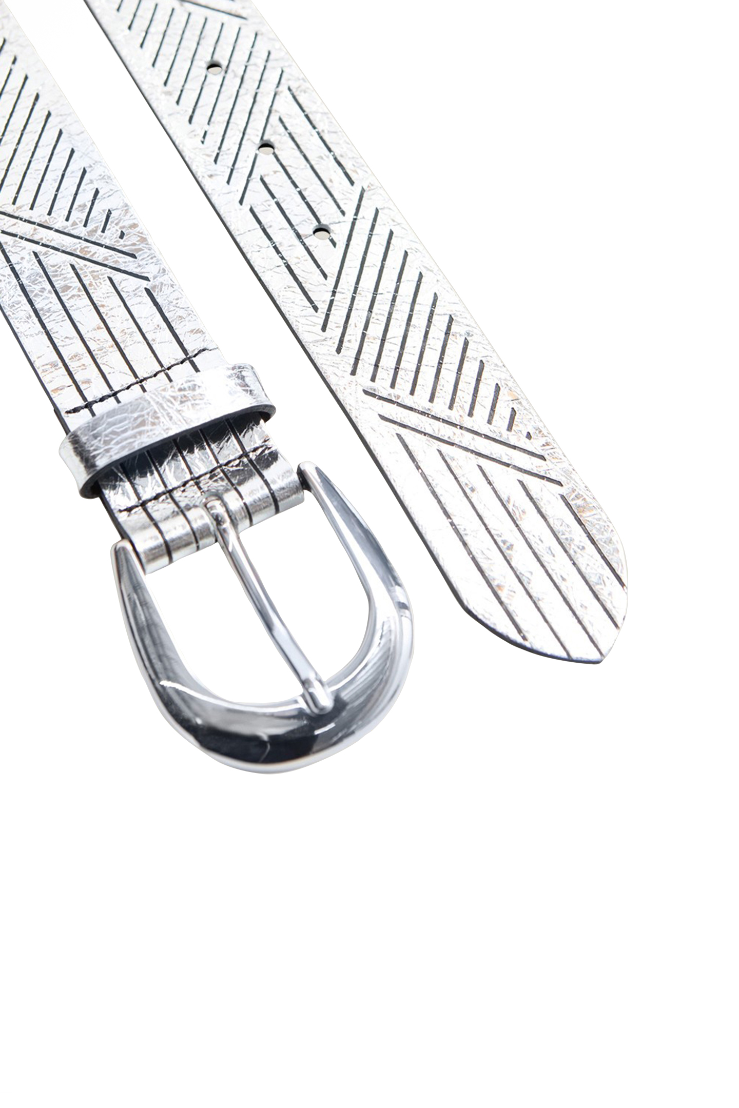 ANJA - SILVER METALLIC LEATHER BELT WITH GRAPHIC LINES, MADE 4