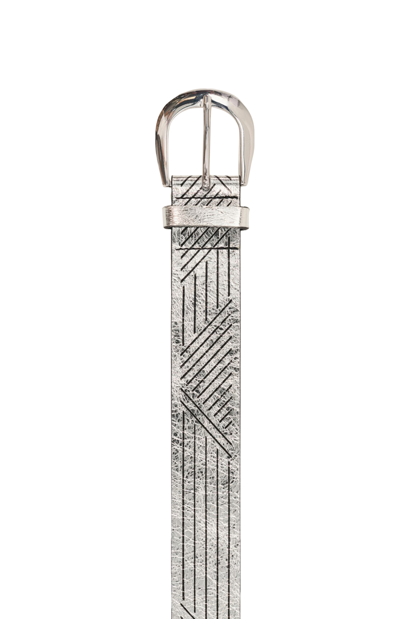 ANJA - SILVER METALLIC LEATHER BELT WITH GRAPHIC LINES, MADE 3