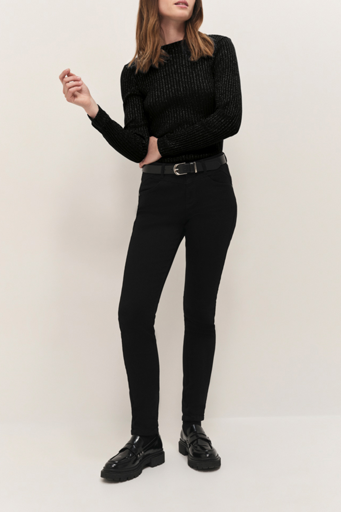 MALENE - BLACK RIBBED LUREX KNIT LONG-SLEEVED T-SHIRT 3