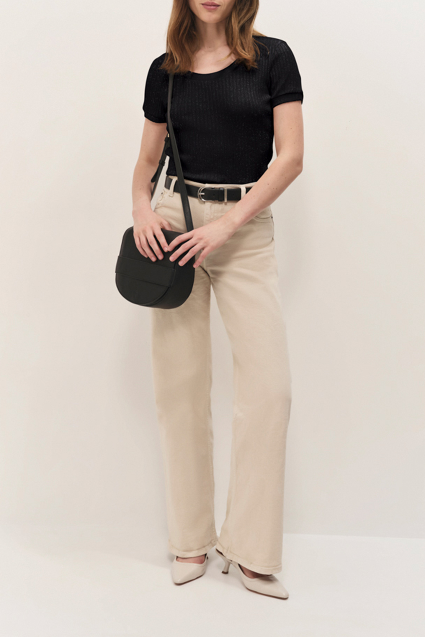 MILESI - BLACK RIBBED LUREX KNIT SHORT-SLEEVED T-SHIRT 3