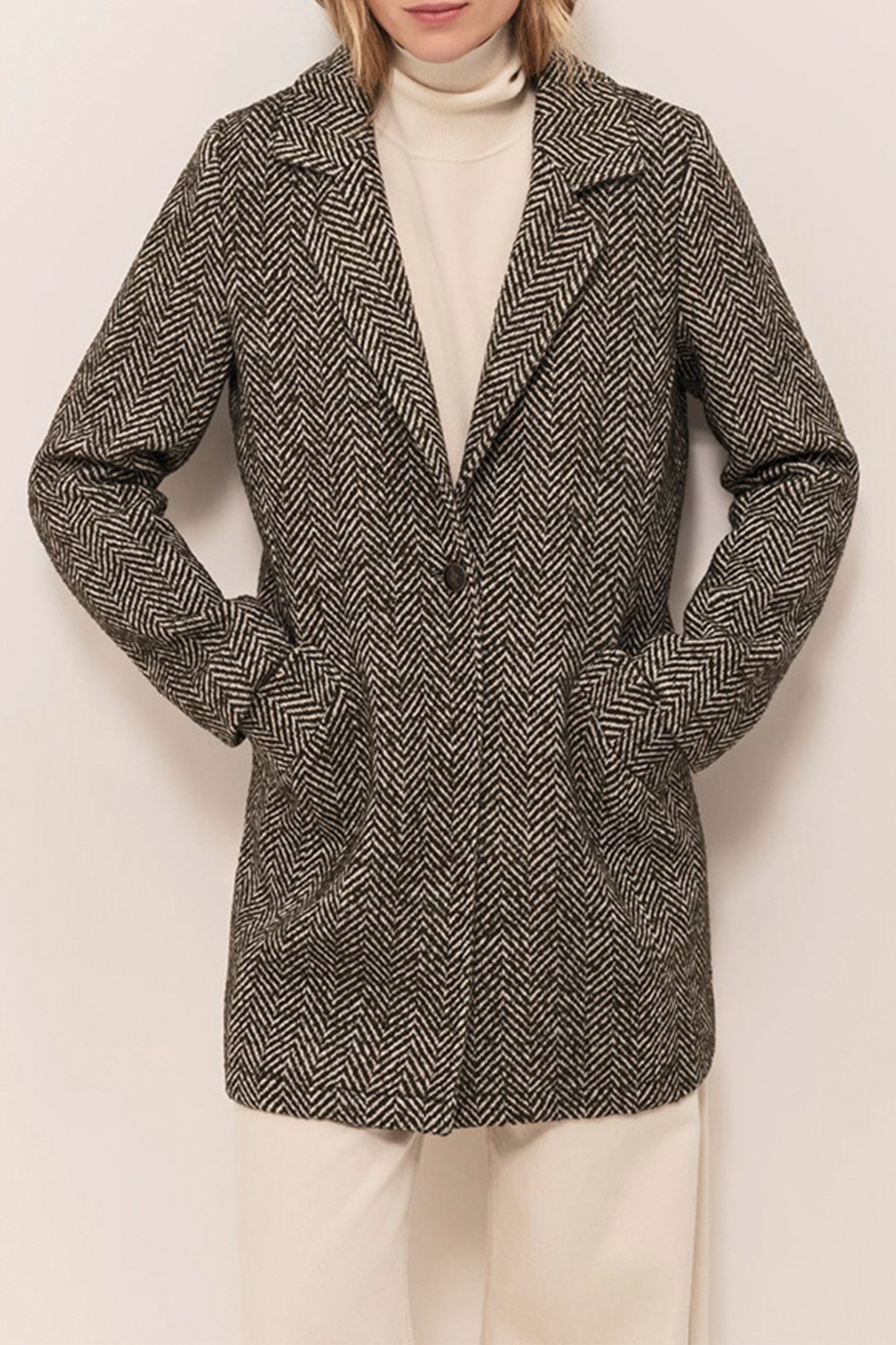 DEW - KHAKI WOOL COAT WITH HERRINGBONE PATTERN AND REMOVABLE 1