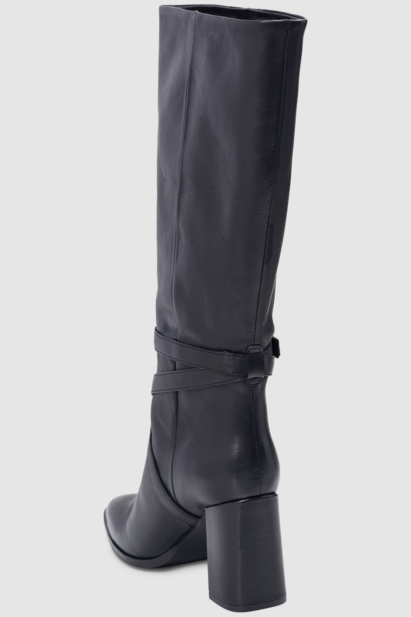 BLACK LEATHER CROSS-STRAP HEEL BOOTS 3
