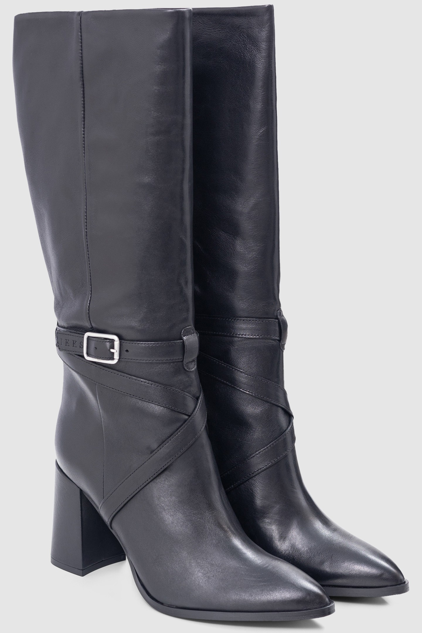 BLACK LEATHER CROSS-STRAP HEEL BOOTS 2
