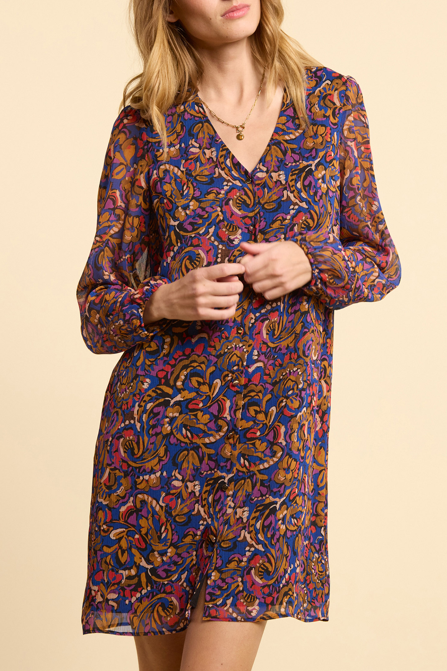 CAMEL DRESS WITH MULTICOLOUR PAISLEY PRINT 1