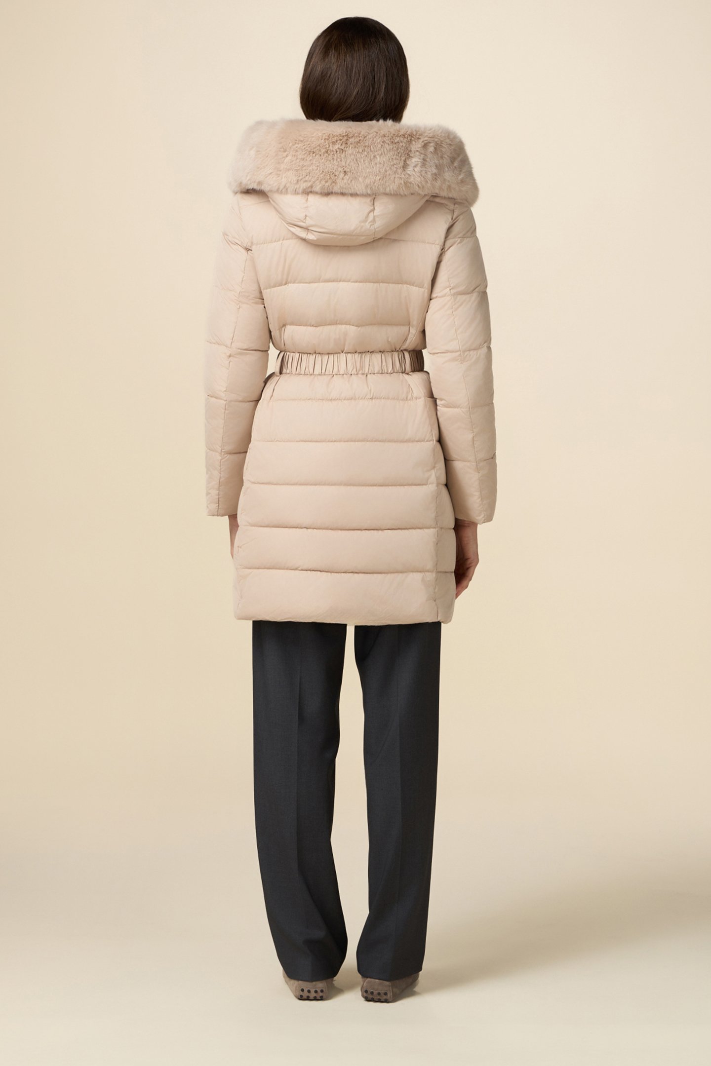 MIDI DOWN JACKET WITH BELT AND FURRY EDGE BEIGE 2