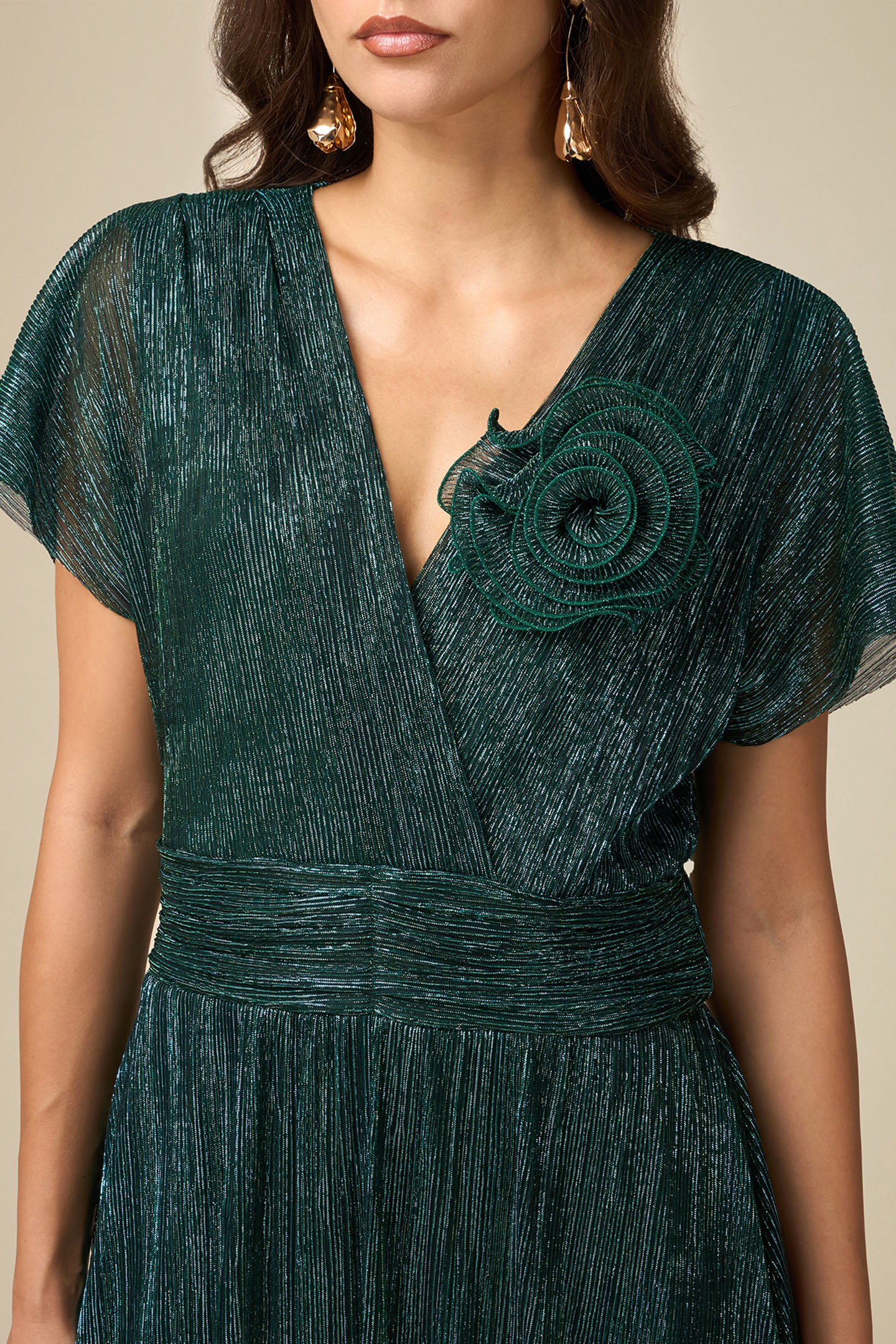 PLEATED LUREX DRESS WITH BROOCH GREEN 5