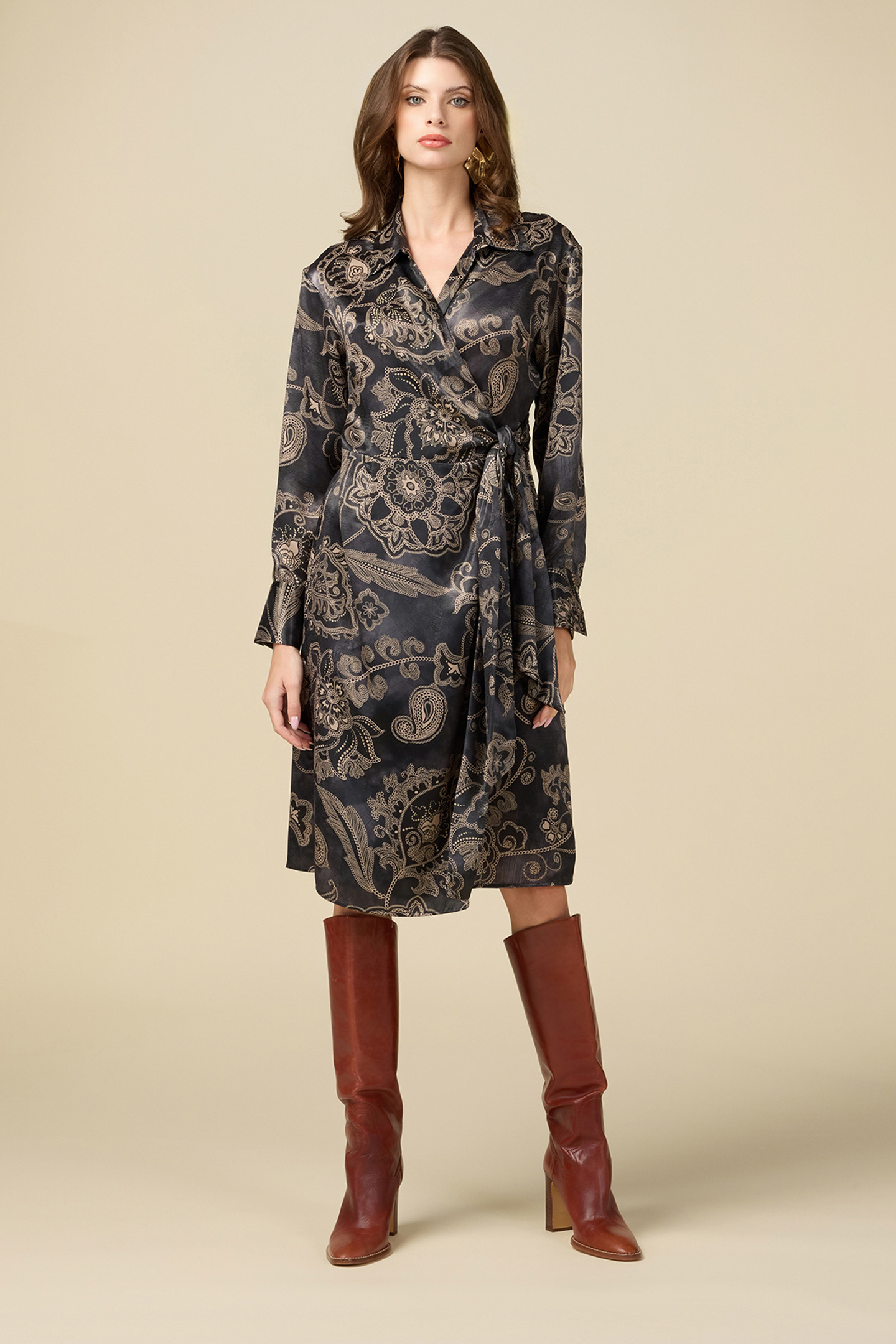 PATTERNED SATIN WRAPAROUND DRESS GREY 1